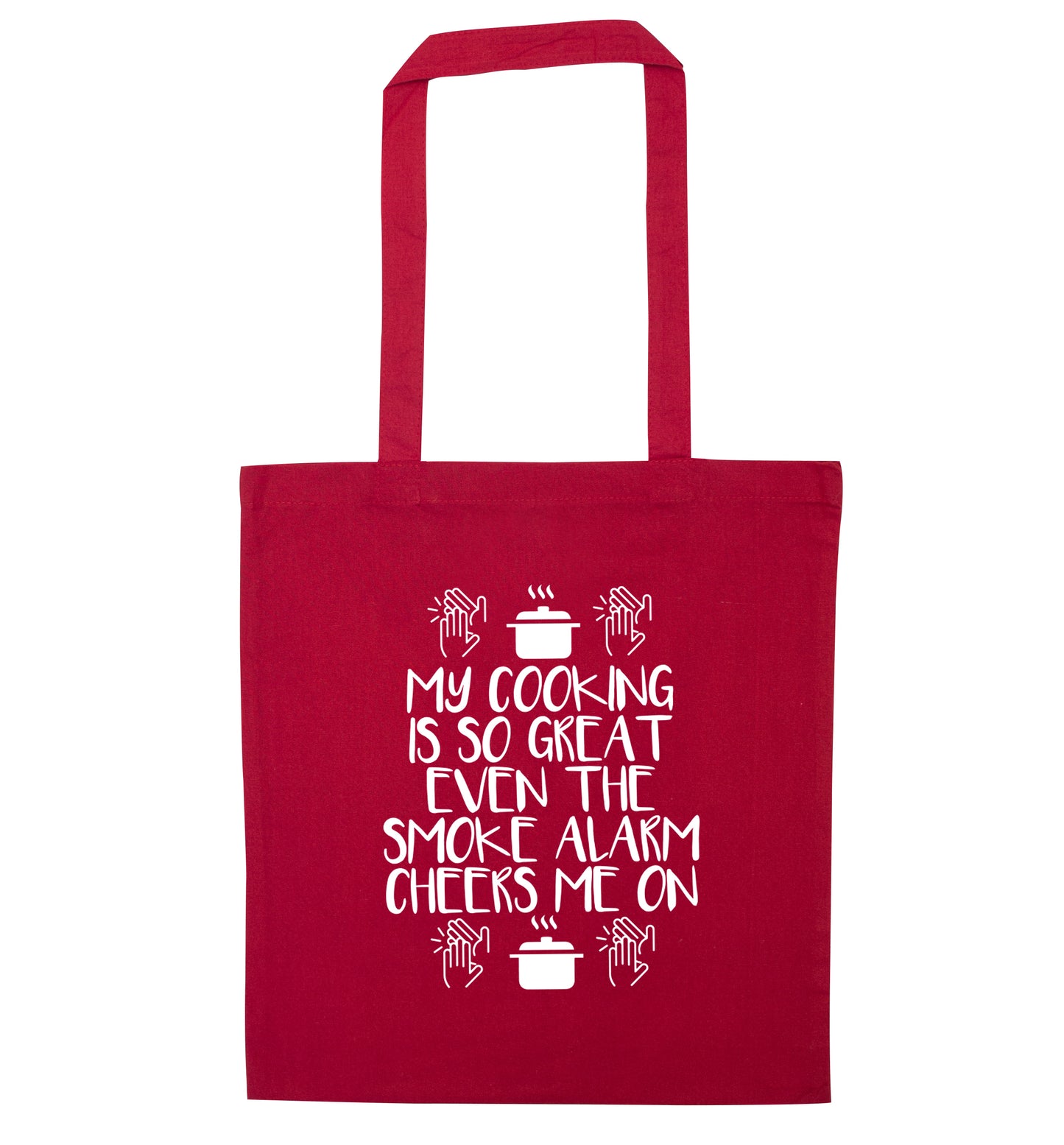 My cooking is so great even the smoke alarm cheers me on! red tote bag