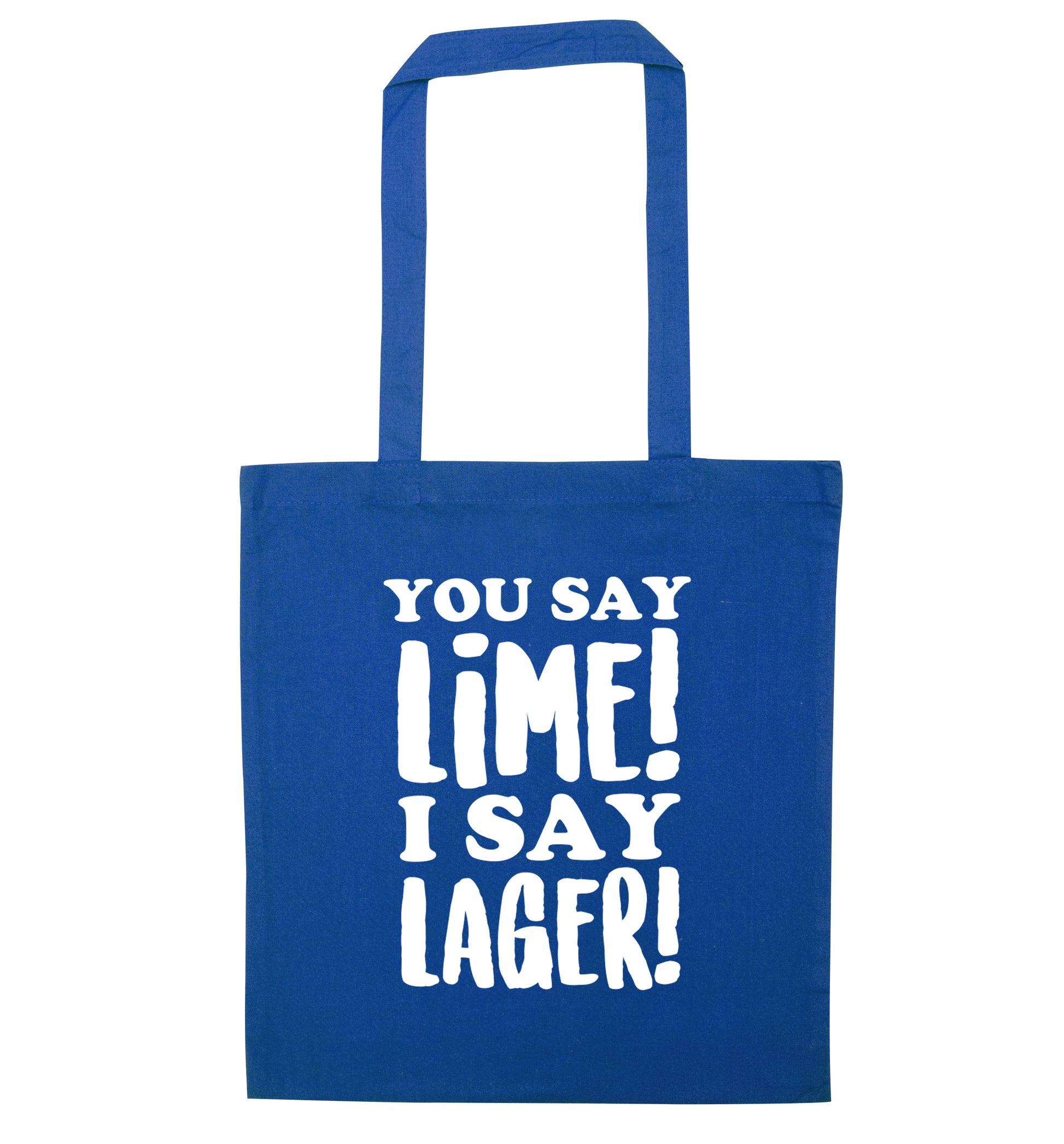 You say lime I say lager! blue tote bag