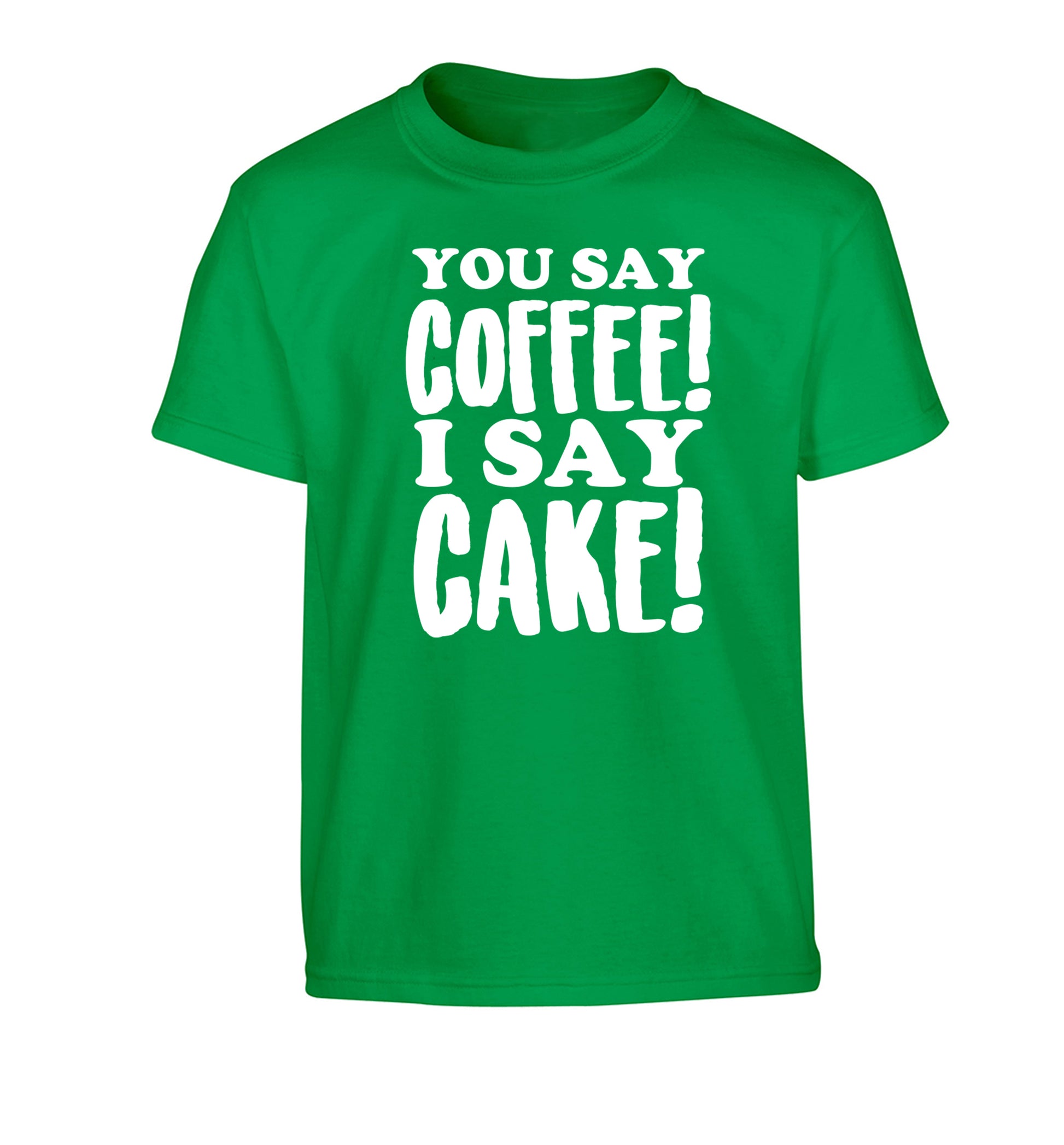 You say coffee I say cake! Children's green Tshirt 12-14 Years