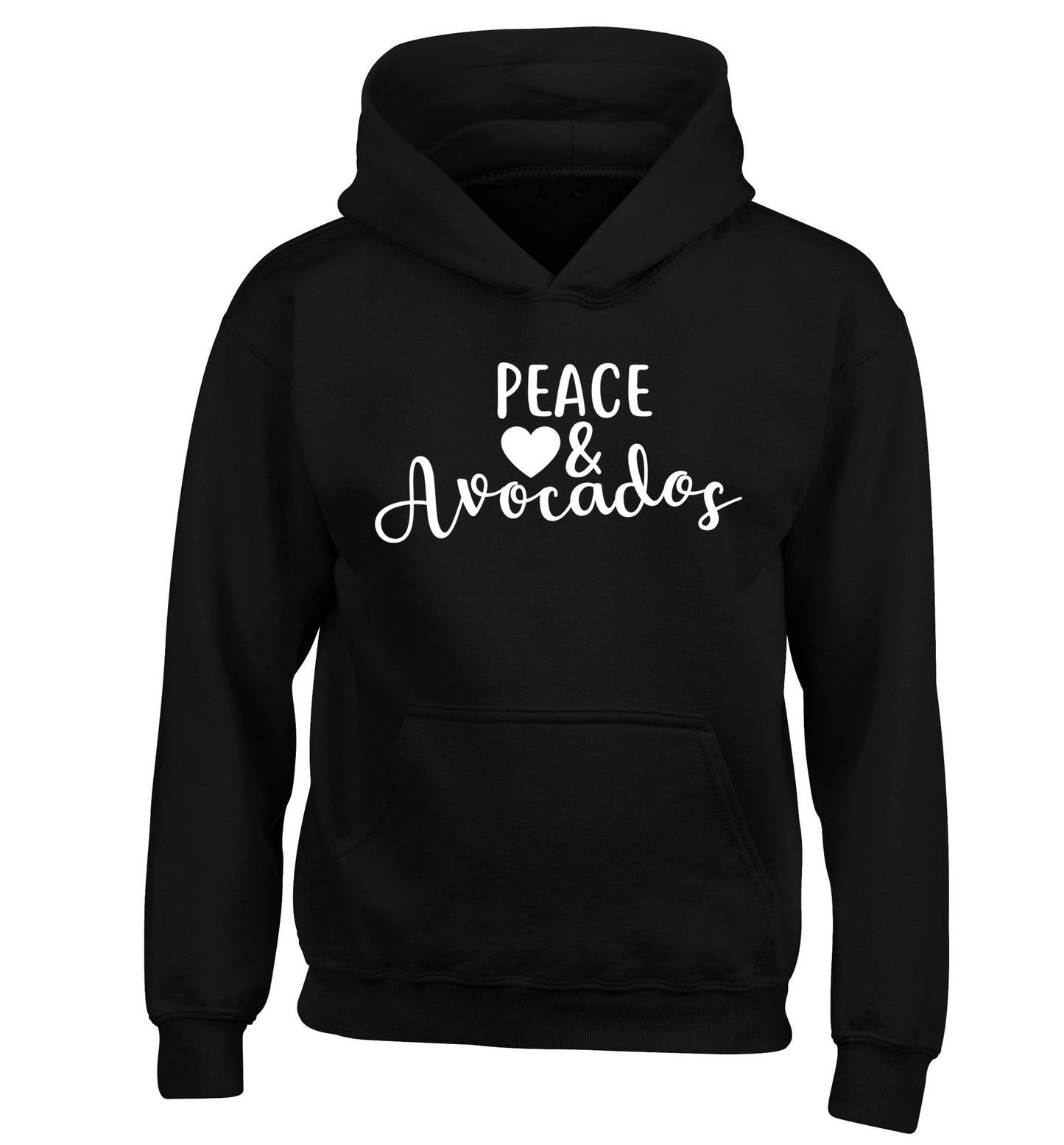 Peace love and avocados children's black hoodie 12-14 Years