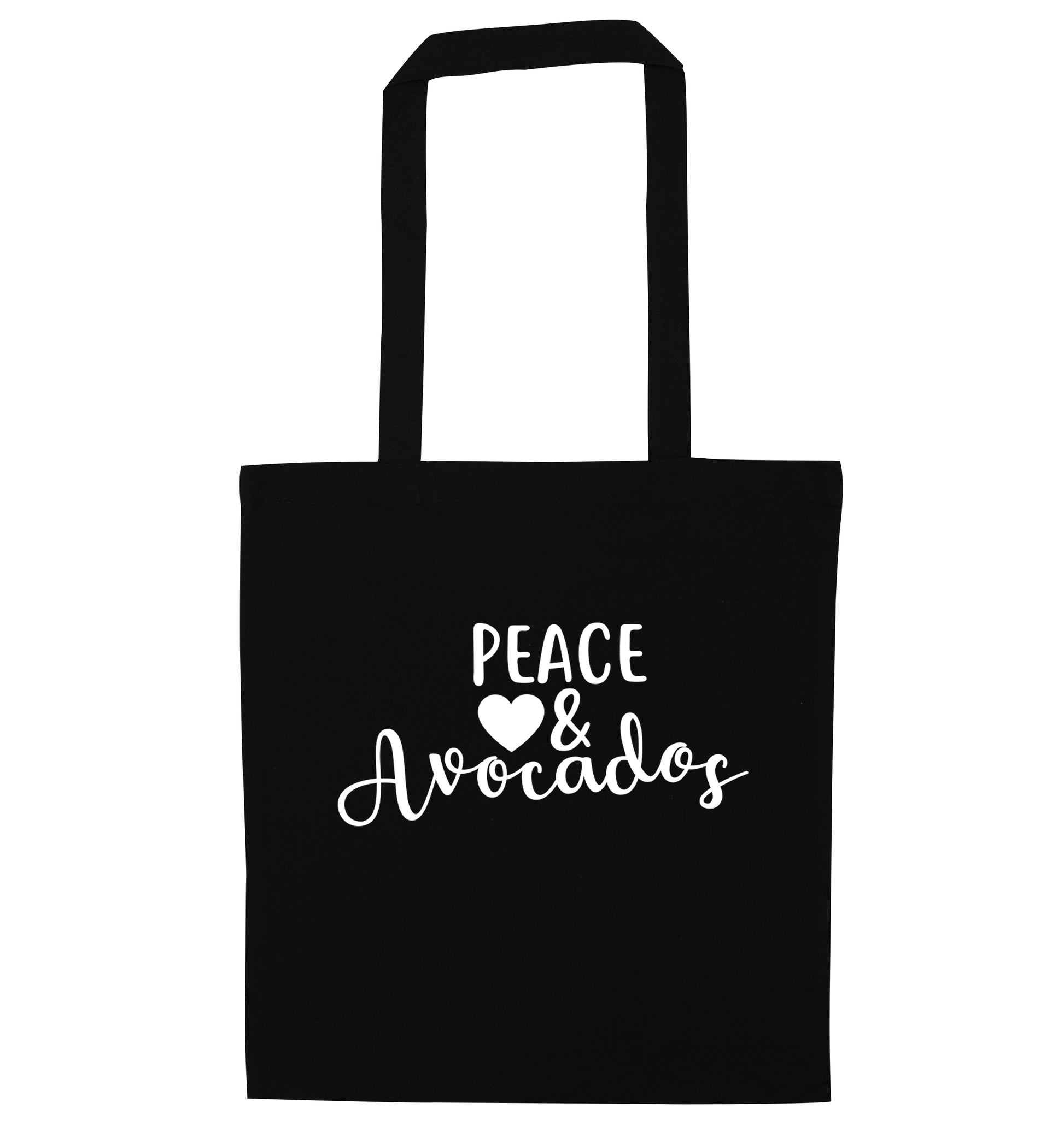 Peace love and avocados black tote bag