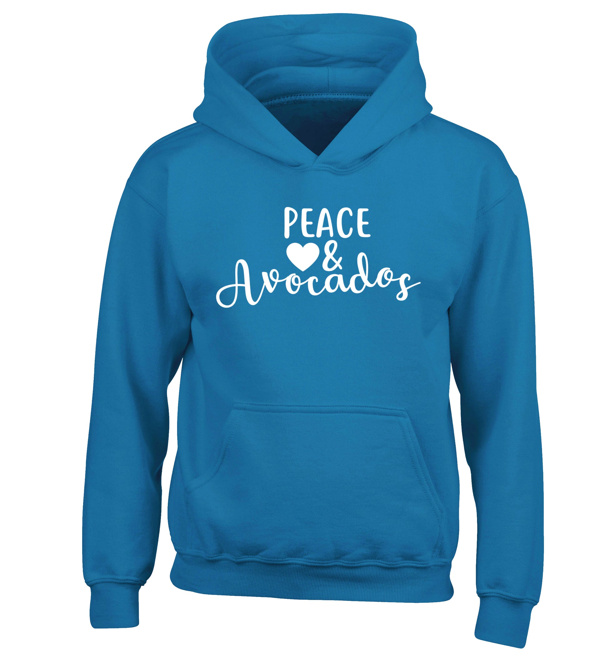 Peace love and avocados children's blue hoodie 12-14 Years
