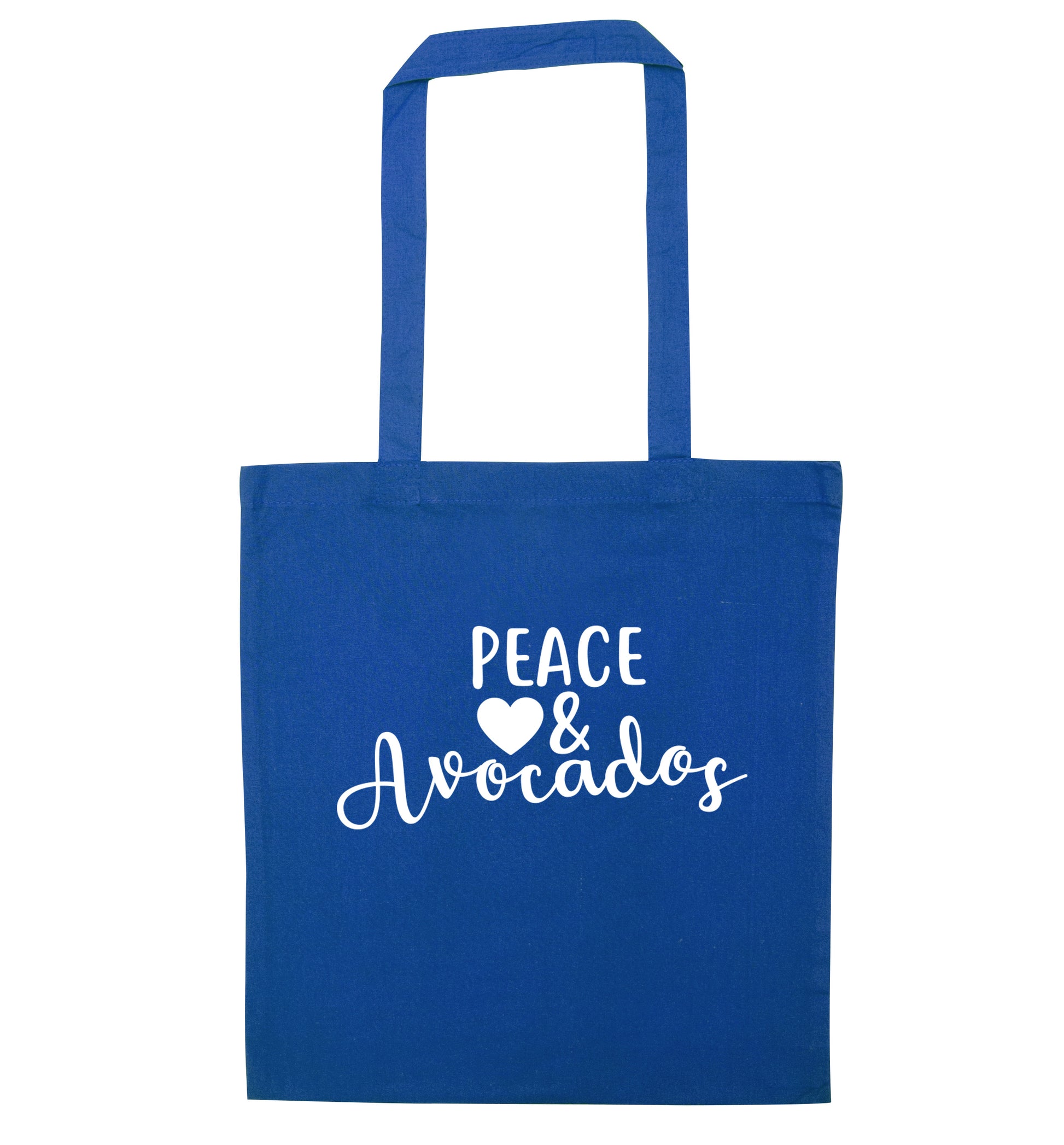 Peace love and avocados blue tote bag