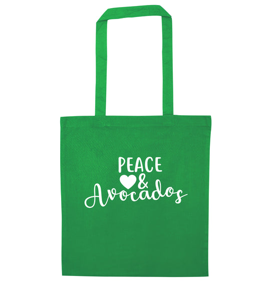 Peace love and avocados green tote bag