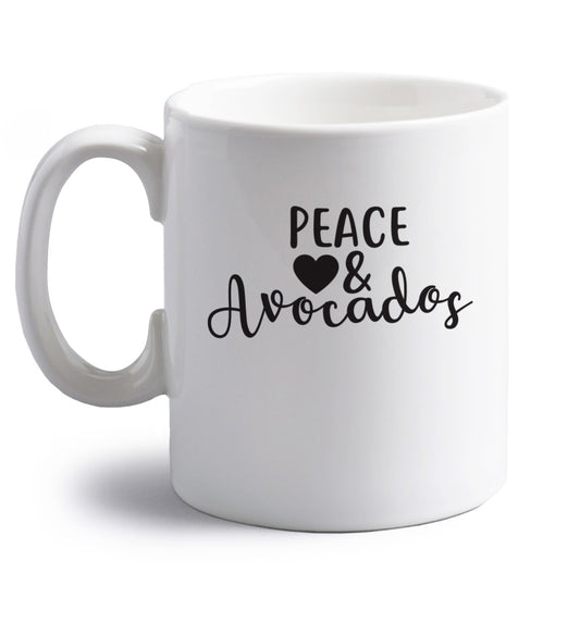 Peace love and avocados right handed white ceramic mug 