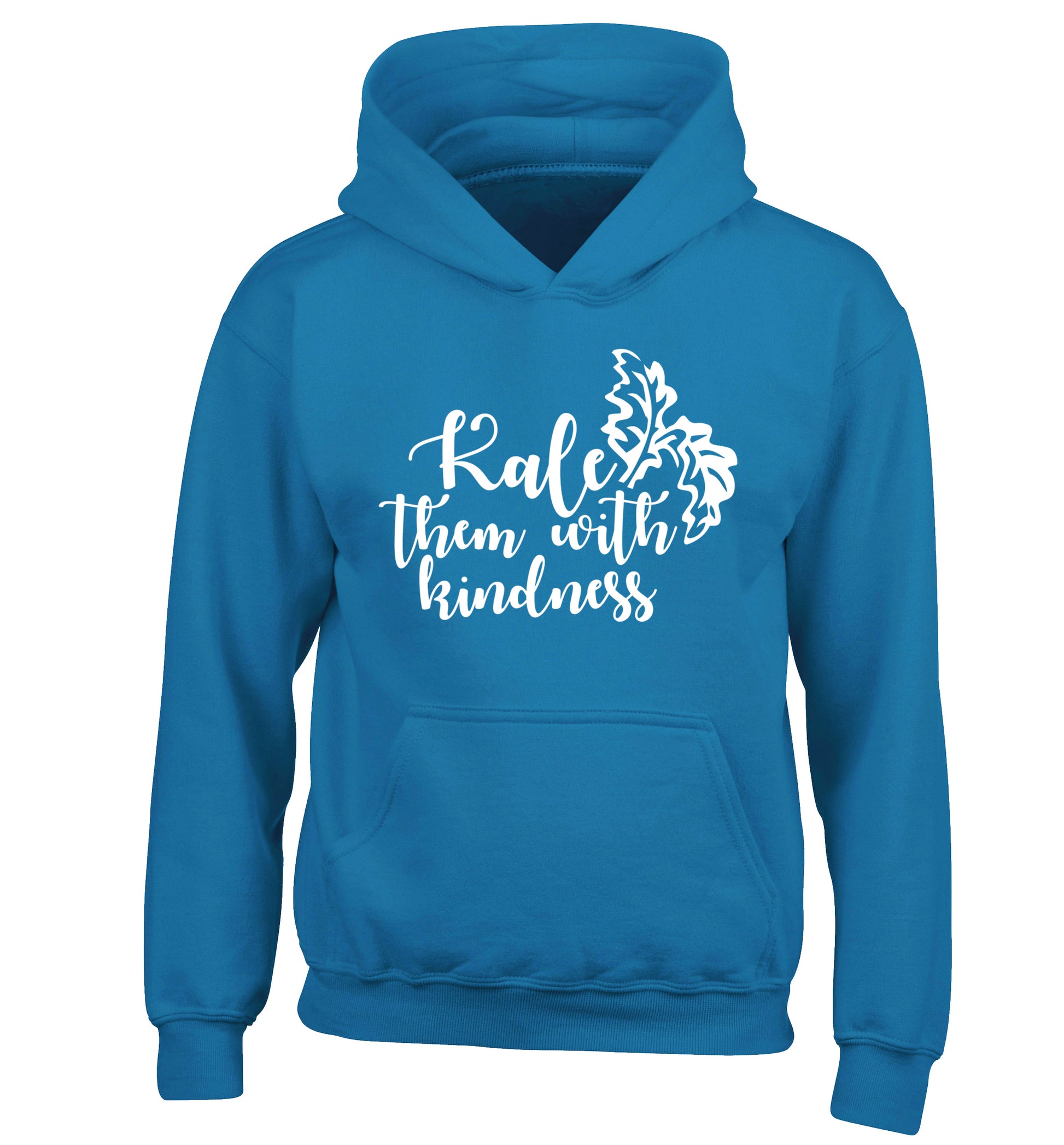 Kale them with kindness children's blue hoodie 12-14 Years