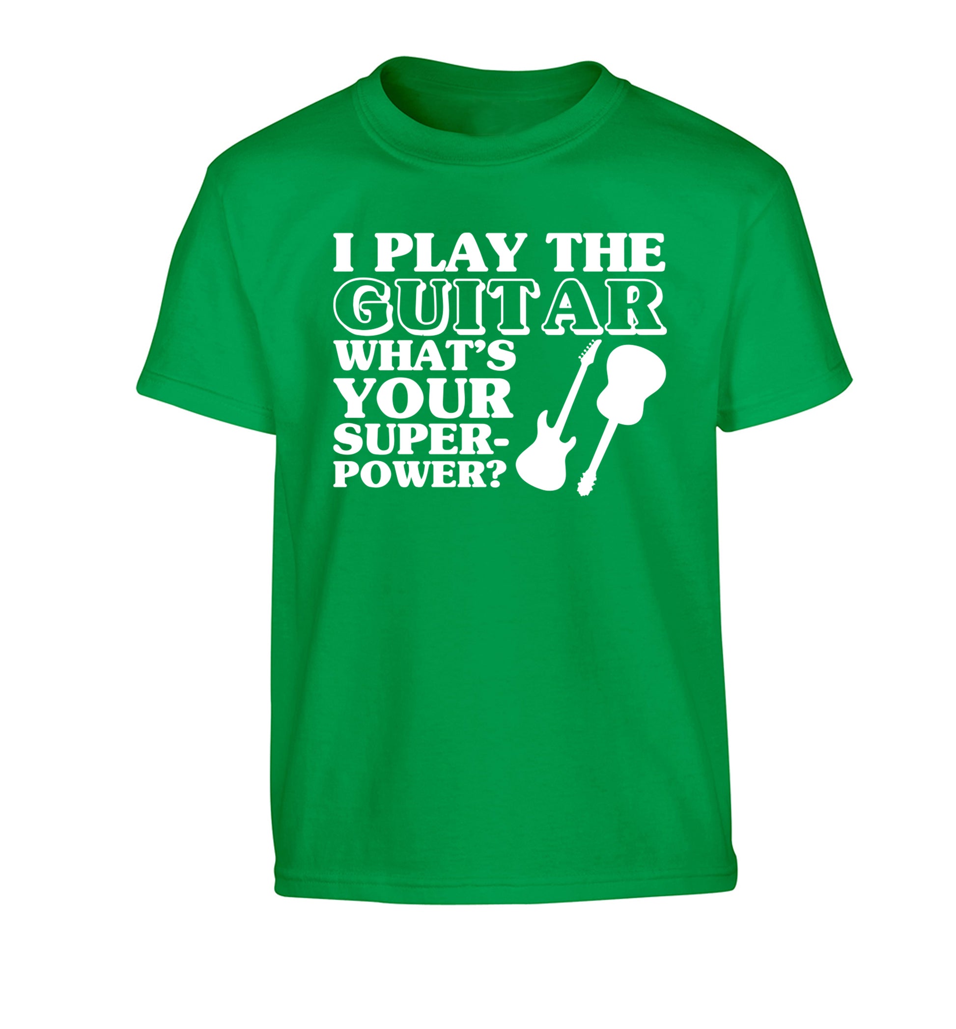 I play the guitar what's your superpower? Children's green Tshirt 3-4 Years