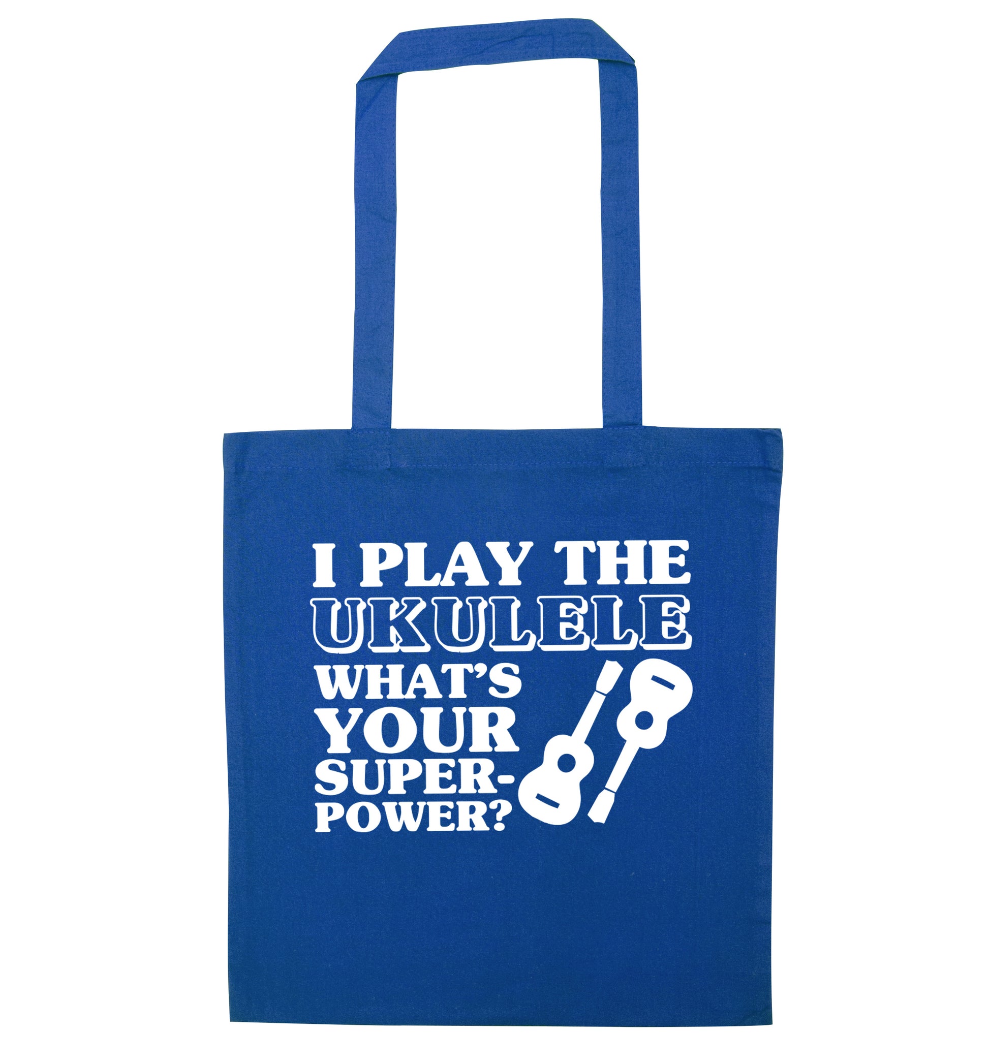 I play the ukulele what's your superpower? blue tote bag