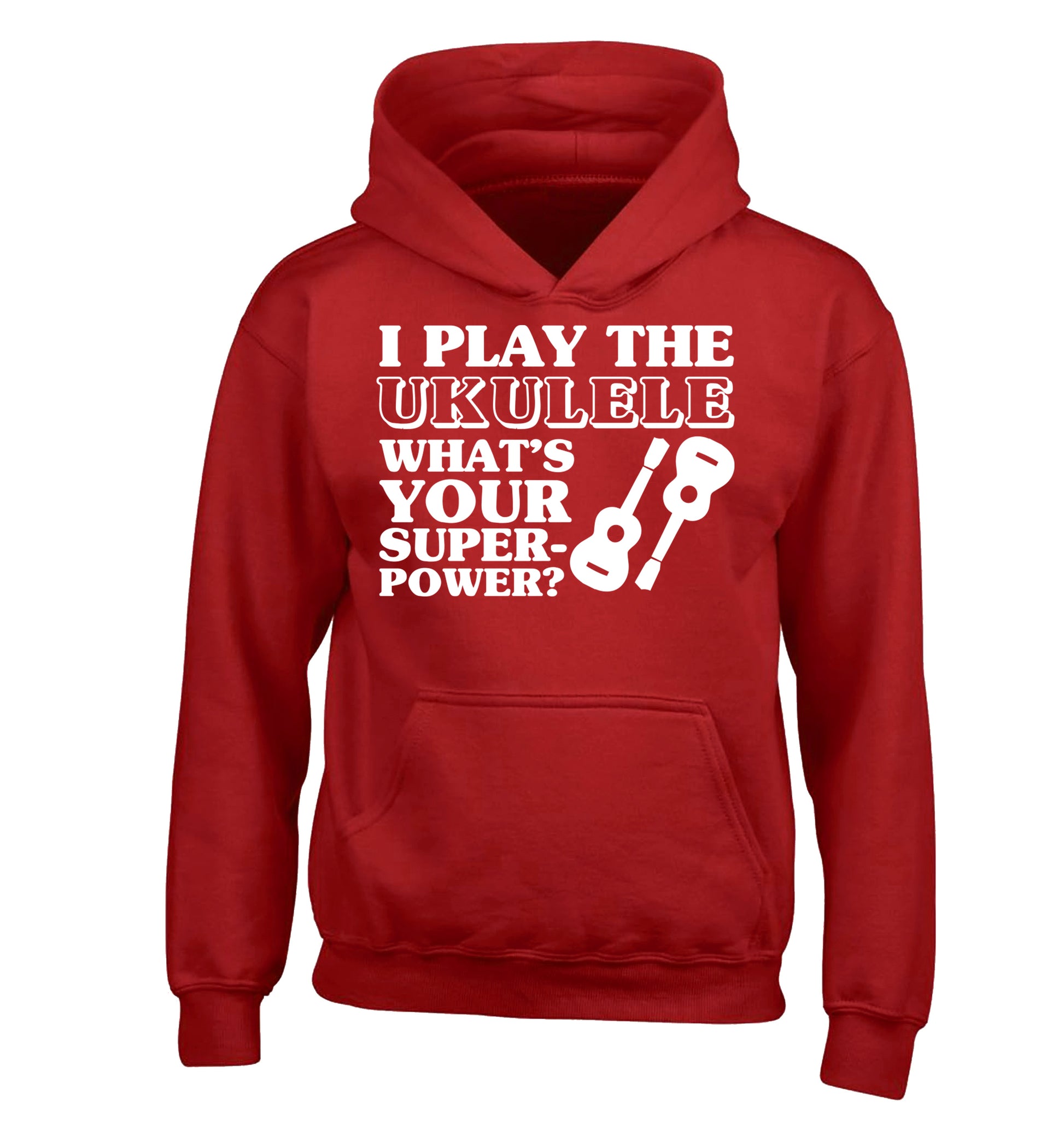 I play the ukulele what's your superpower? children's red hoodie 12-14 Years