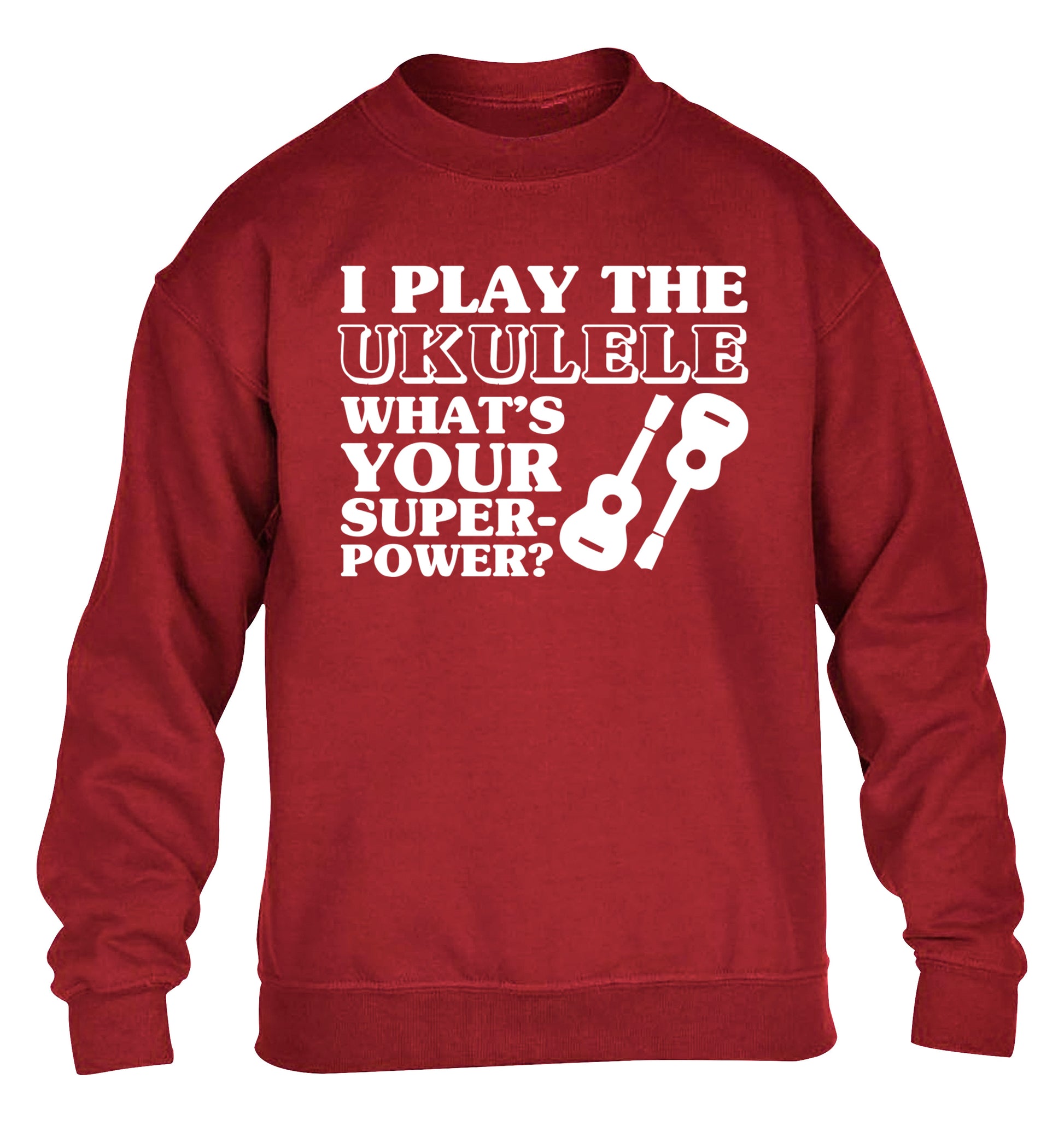 I play the ukulele what's your superpower? children's grey sweater 12-14 Years