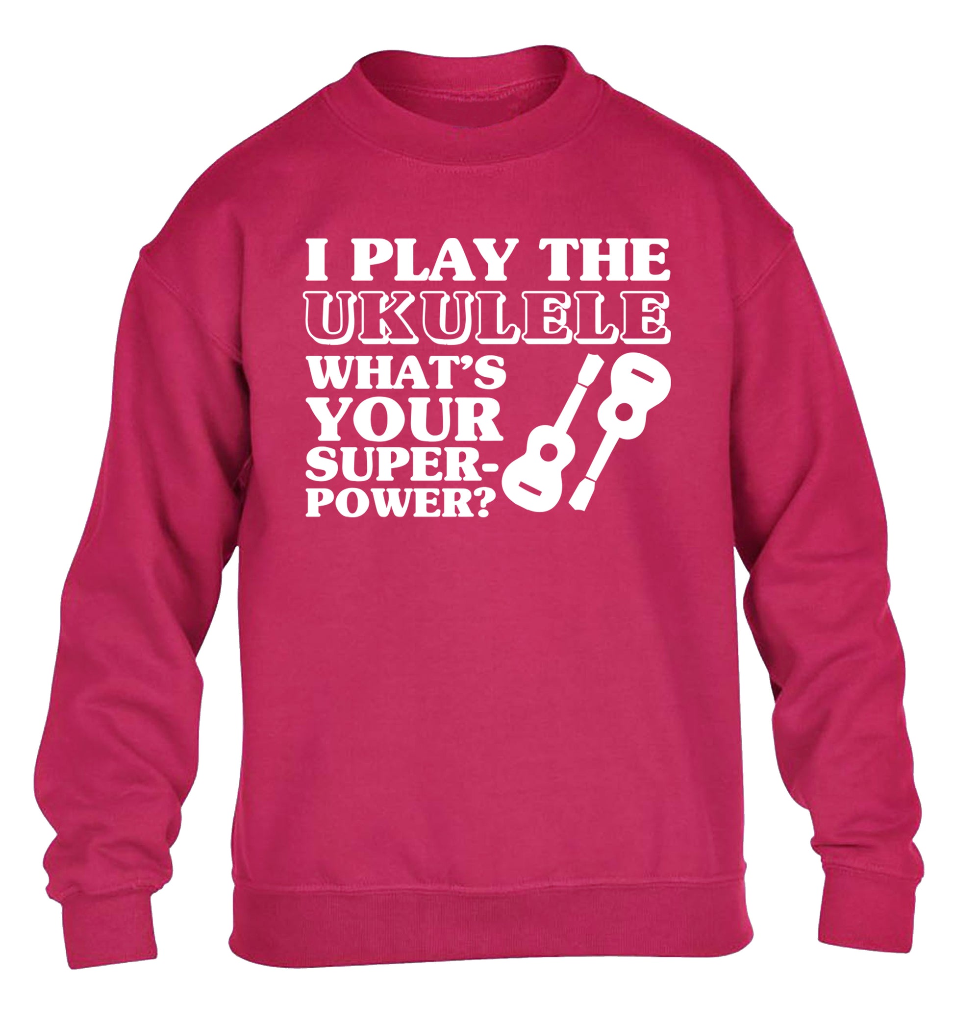 I play the ukulele what's your superpower? children's pink sweater 12-14 Years