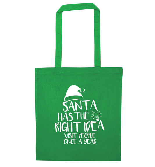 Santa has the right idea visit people once a year green tote bag