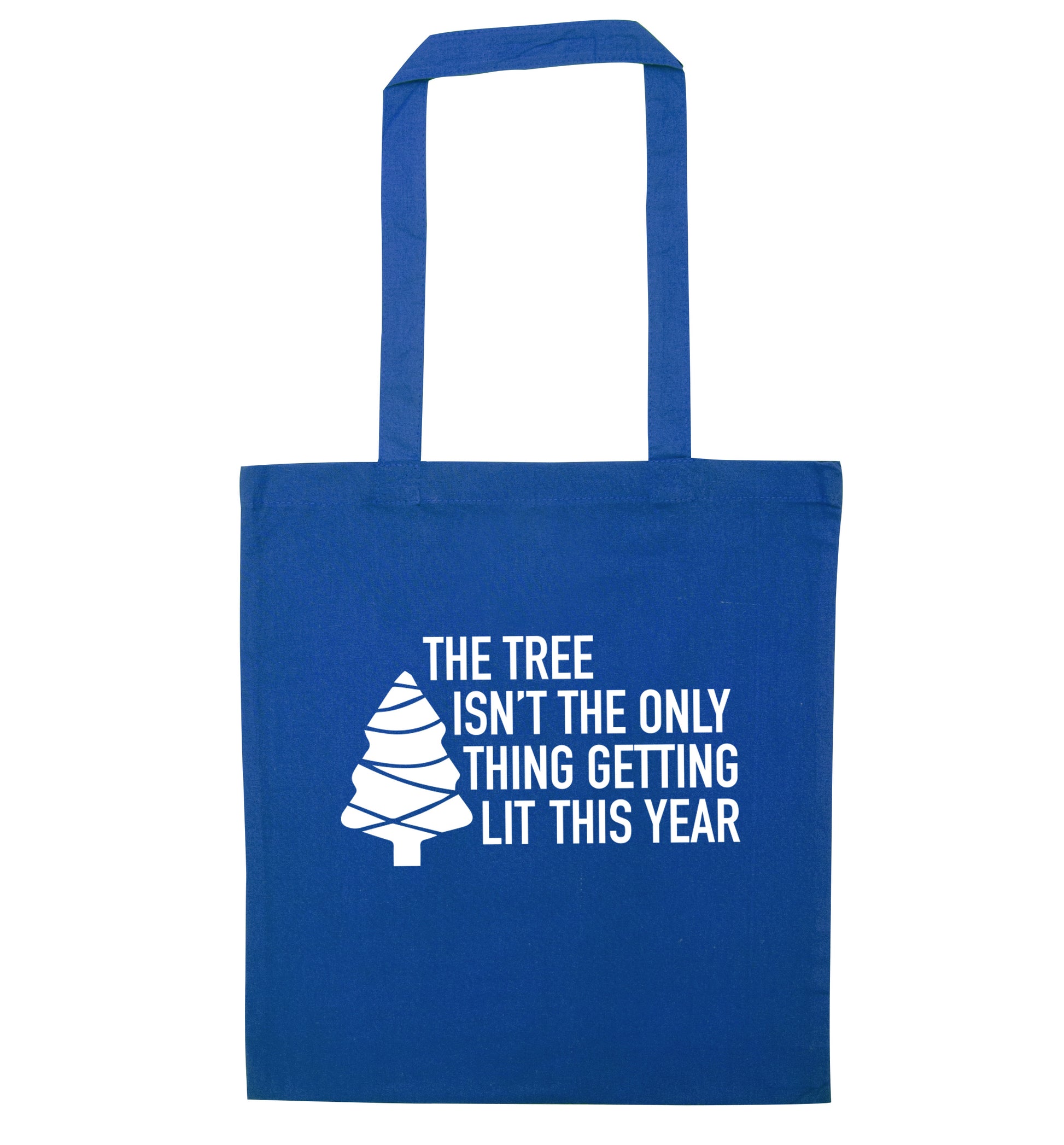 The tree isn't the only thing getting lit this year blue tote bag
