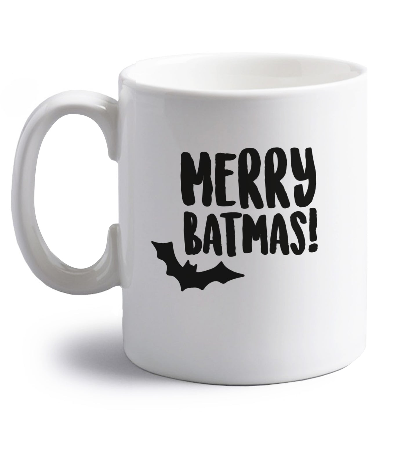 Merry Batmas right handed white ceramic mug 