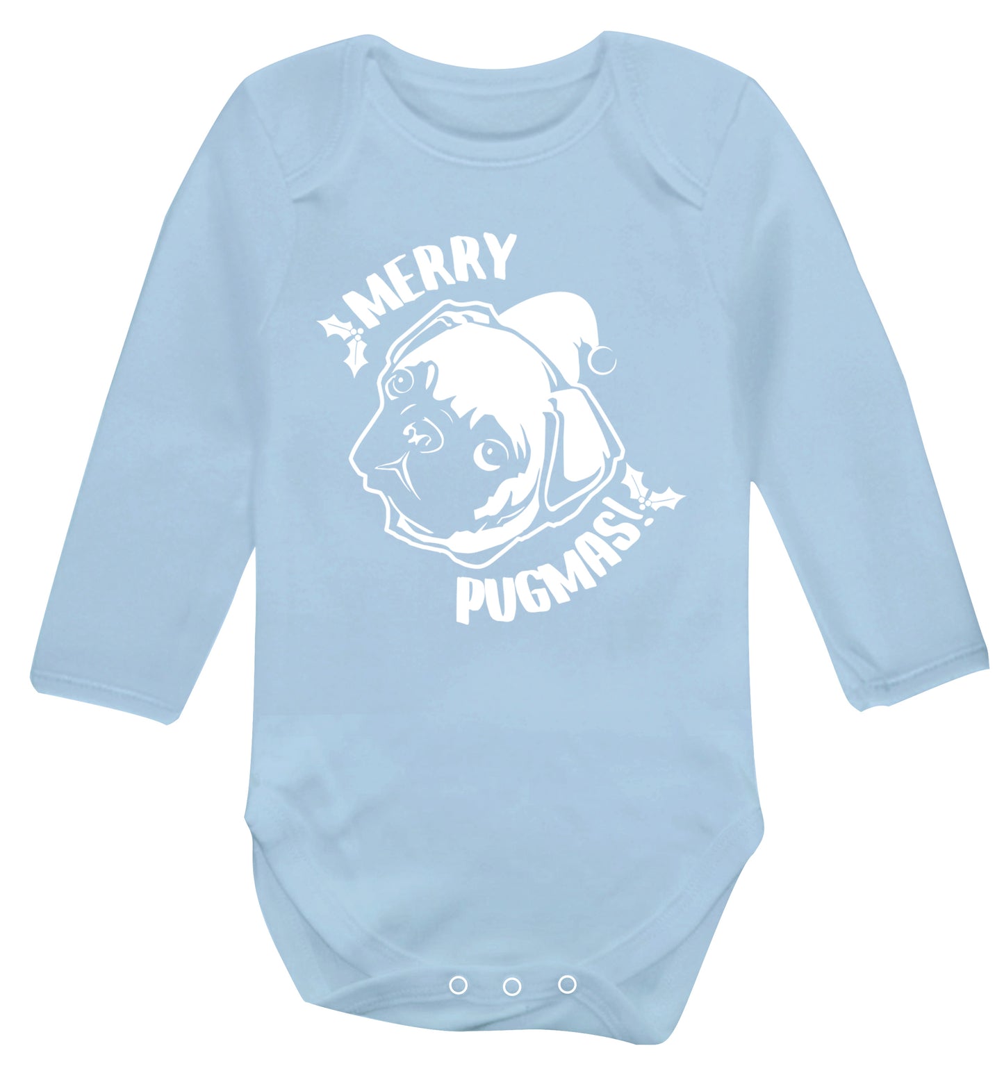 Merry Pugmas Baby Vest long sleeved pale blue 6-12 months