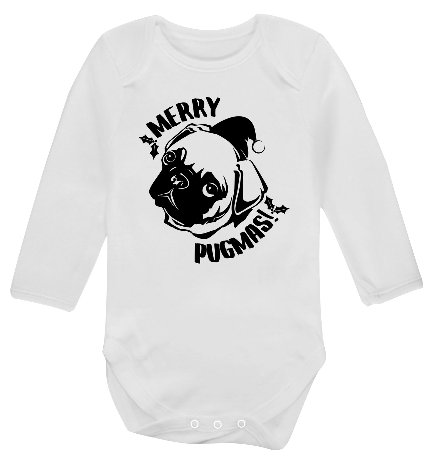 Merry Pugmas Baby Vest long sleeved white 6-12 months