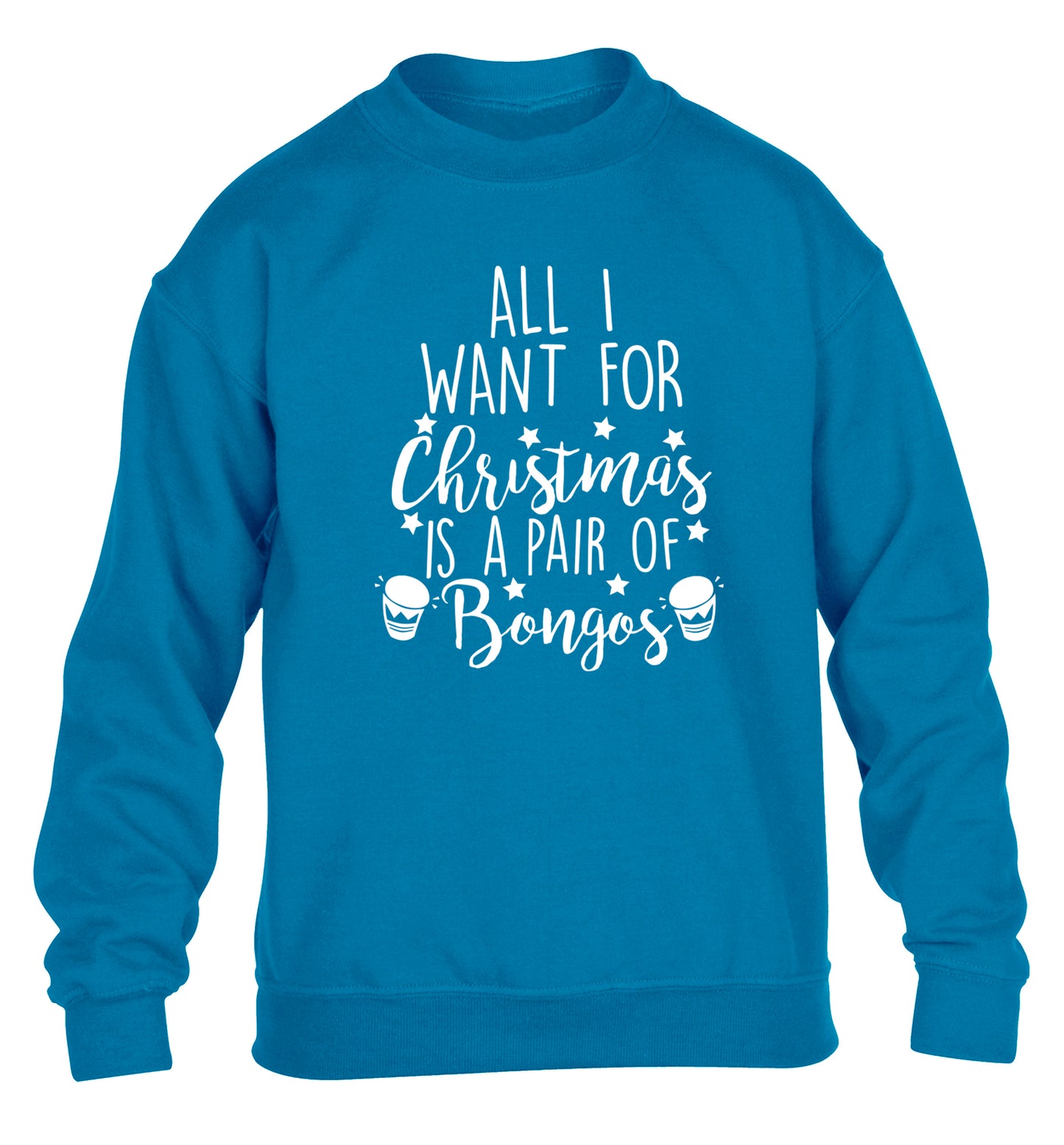 All I want for Christmas is a pair of bongos! children's blue sweater 12-14 Years