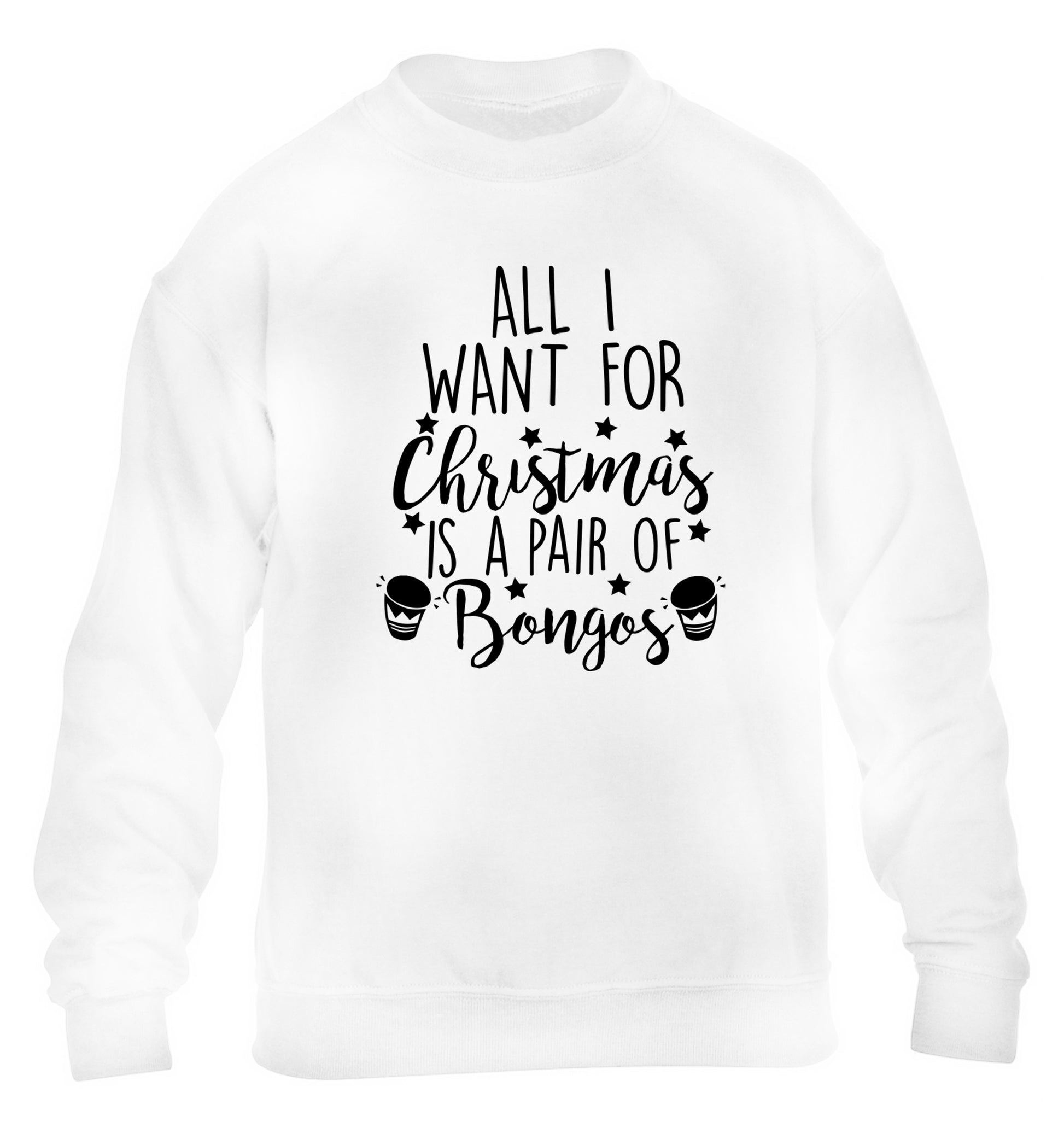 All I want for Christmas is a pair of bongos! children's white sweater 12-14 Years