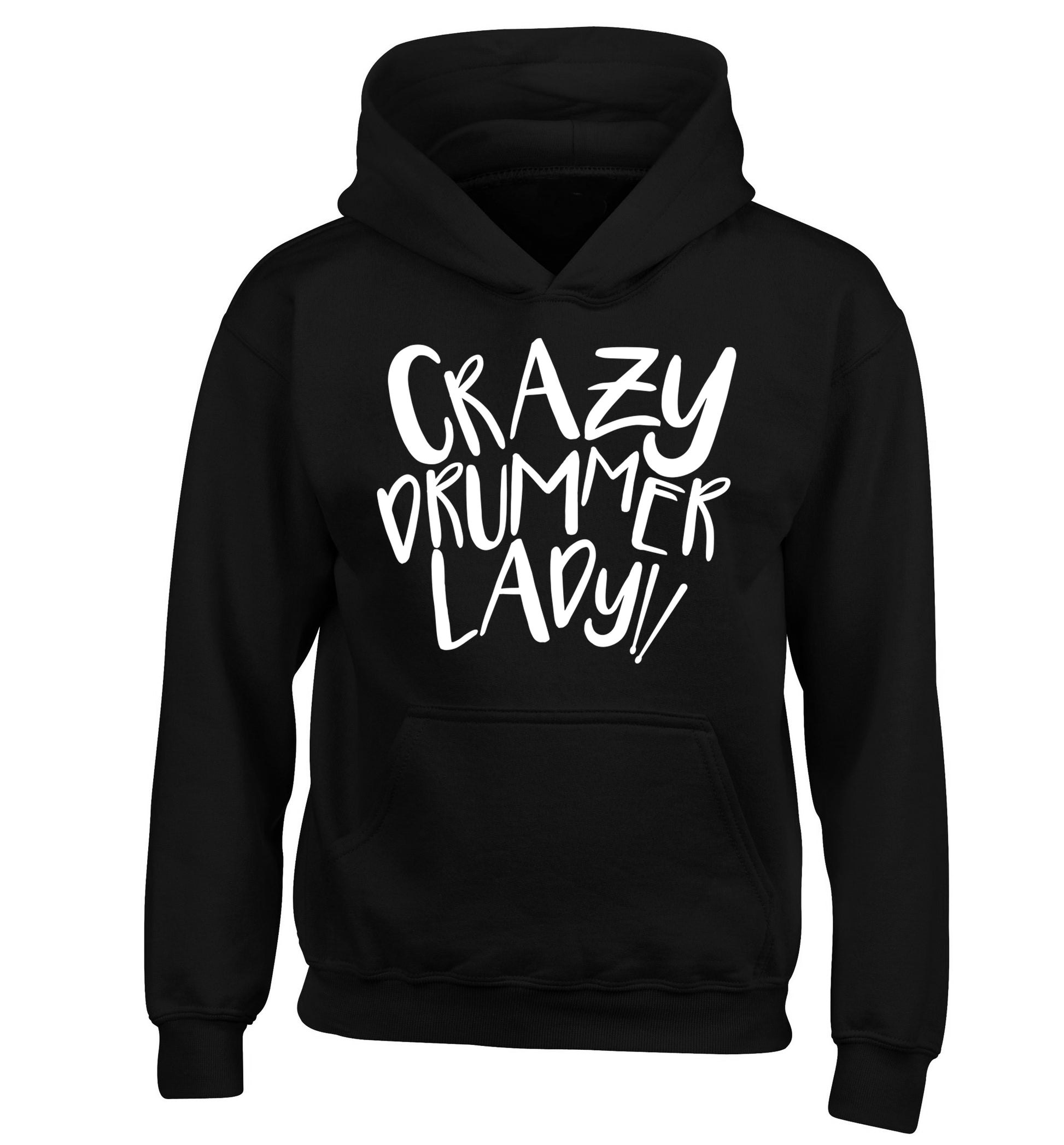 Crazy drummer lady children's black hoodie 12-14 Years