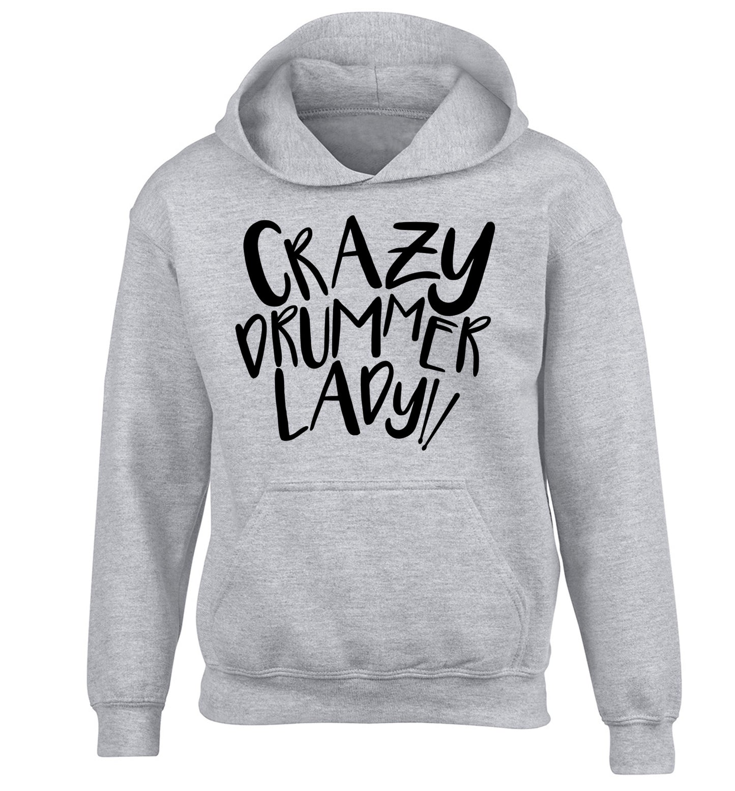 Crazy drummer lady children's grey hoodie 12-14 Years