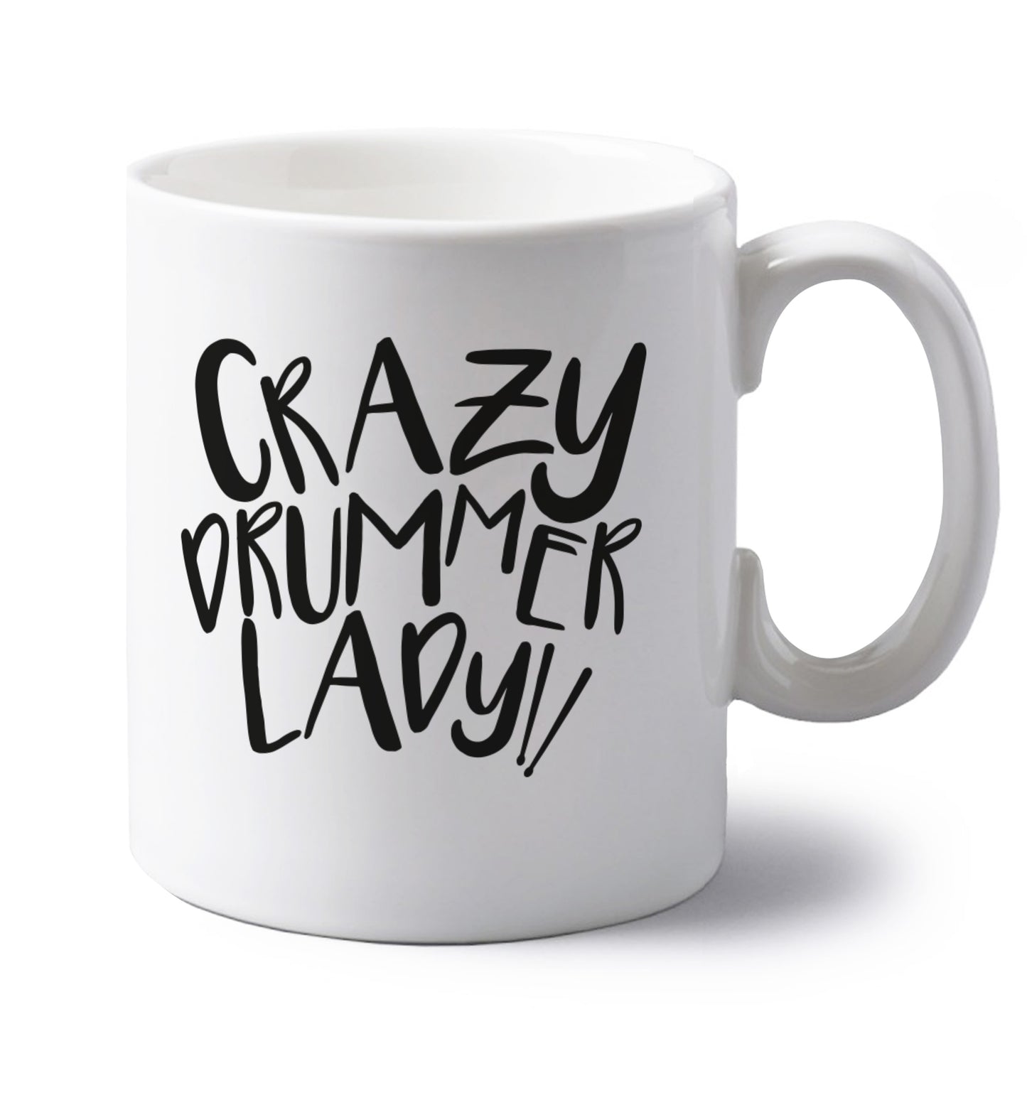 Crazy drummer lady left handed white ceramic mug 