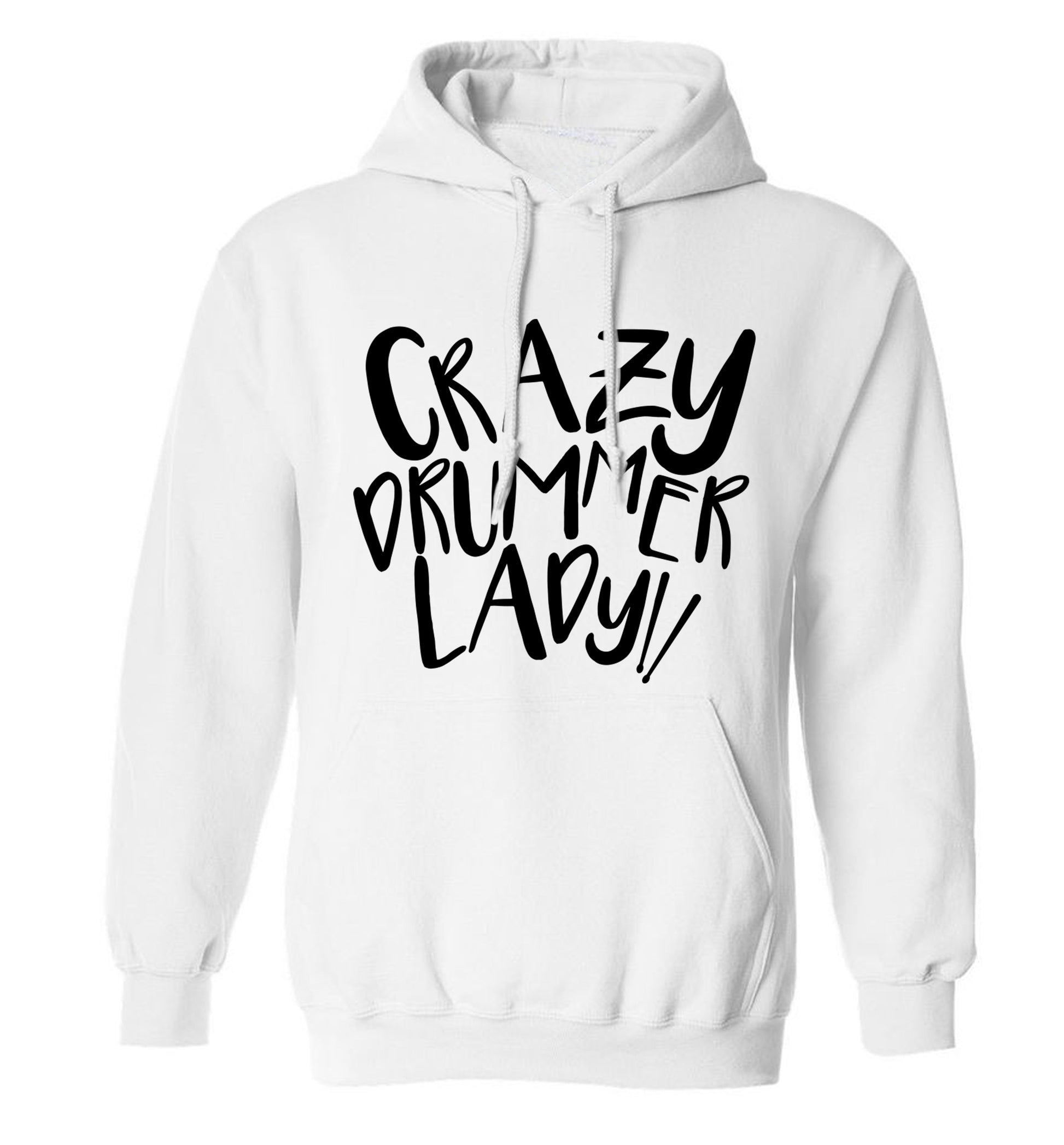 Crazy drummer lady adults unisex white hoodie 2XL