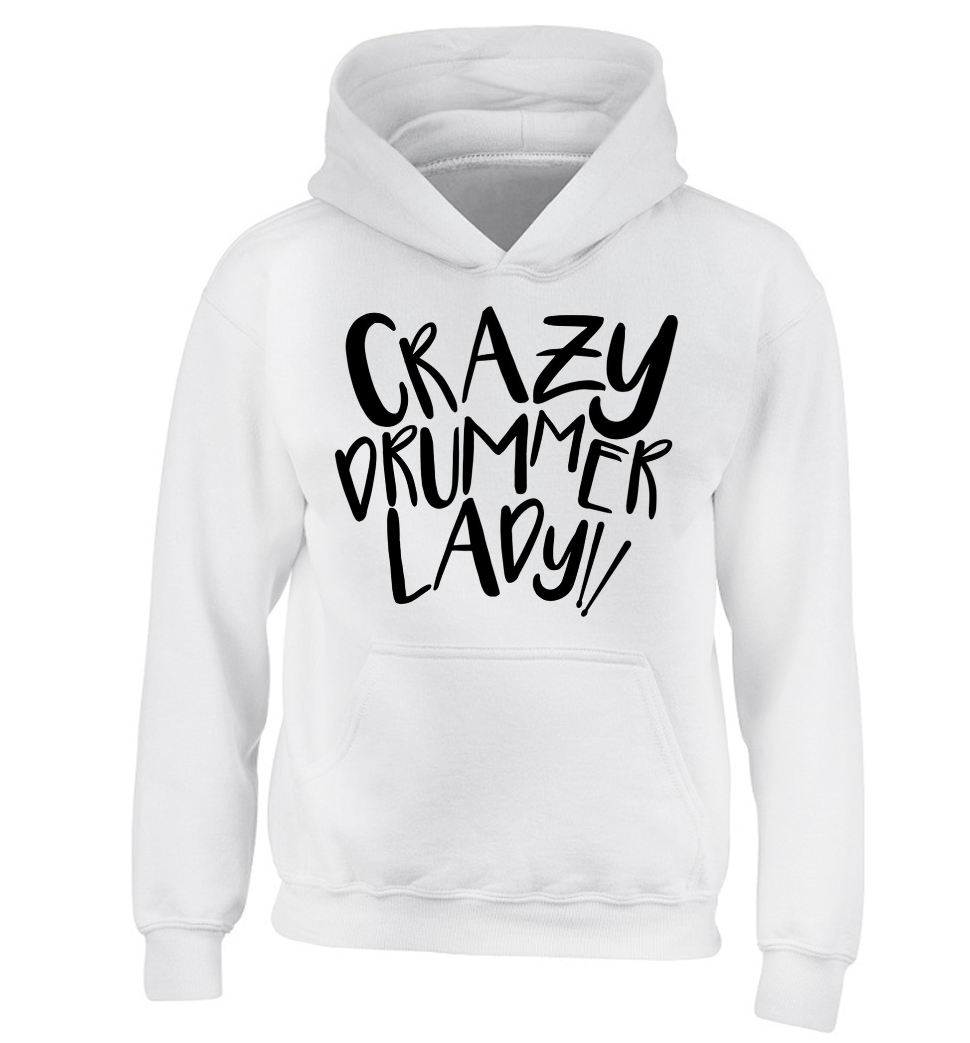 Crazy drummer lady children's white hoodie 12-14 Years