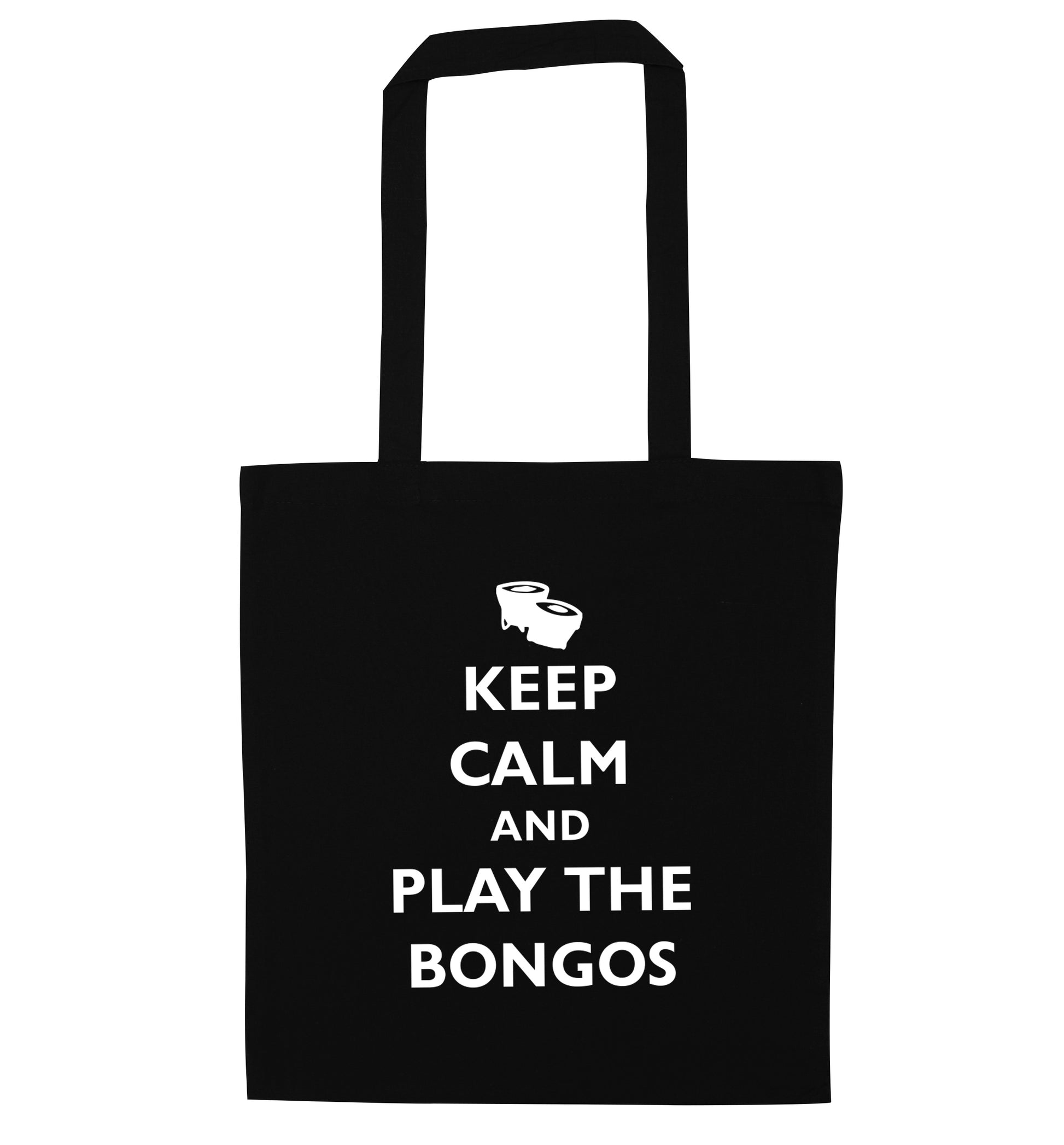 Keep calm and play the bongos black tote bag