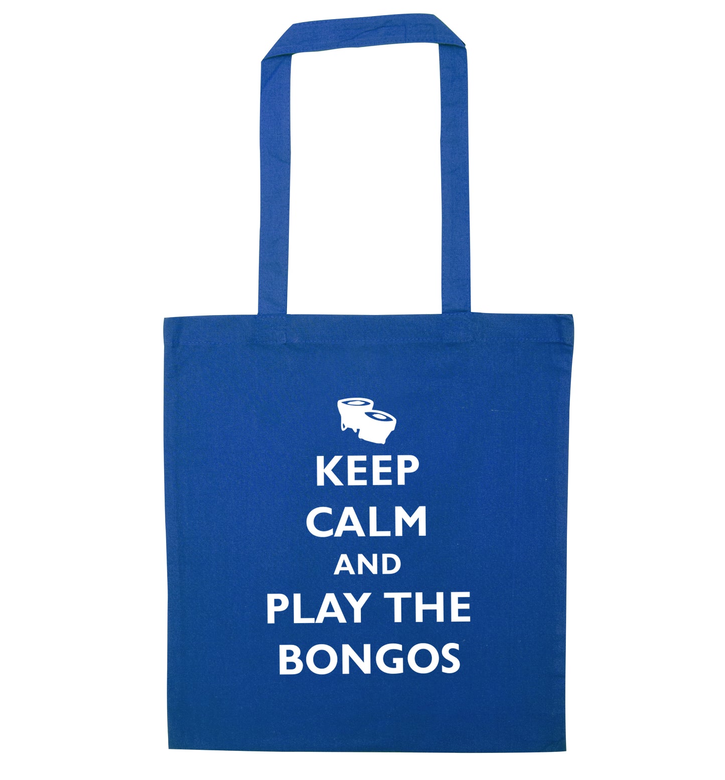Keep calm and play the bongos blue tote bag
