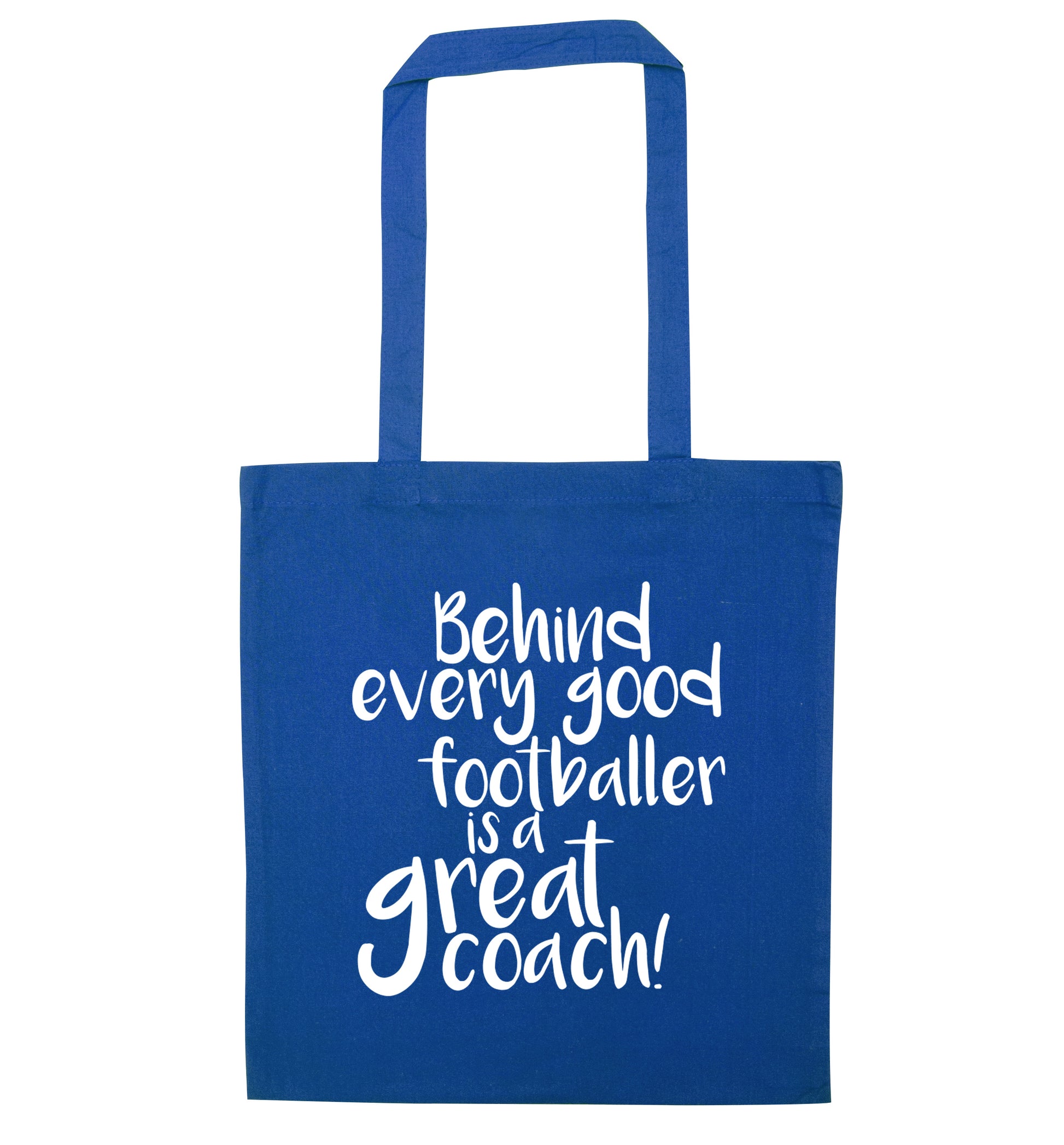 Behind every good footballer is a great coach! blue tote bag