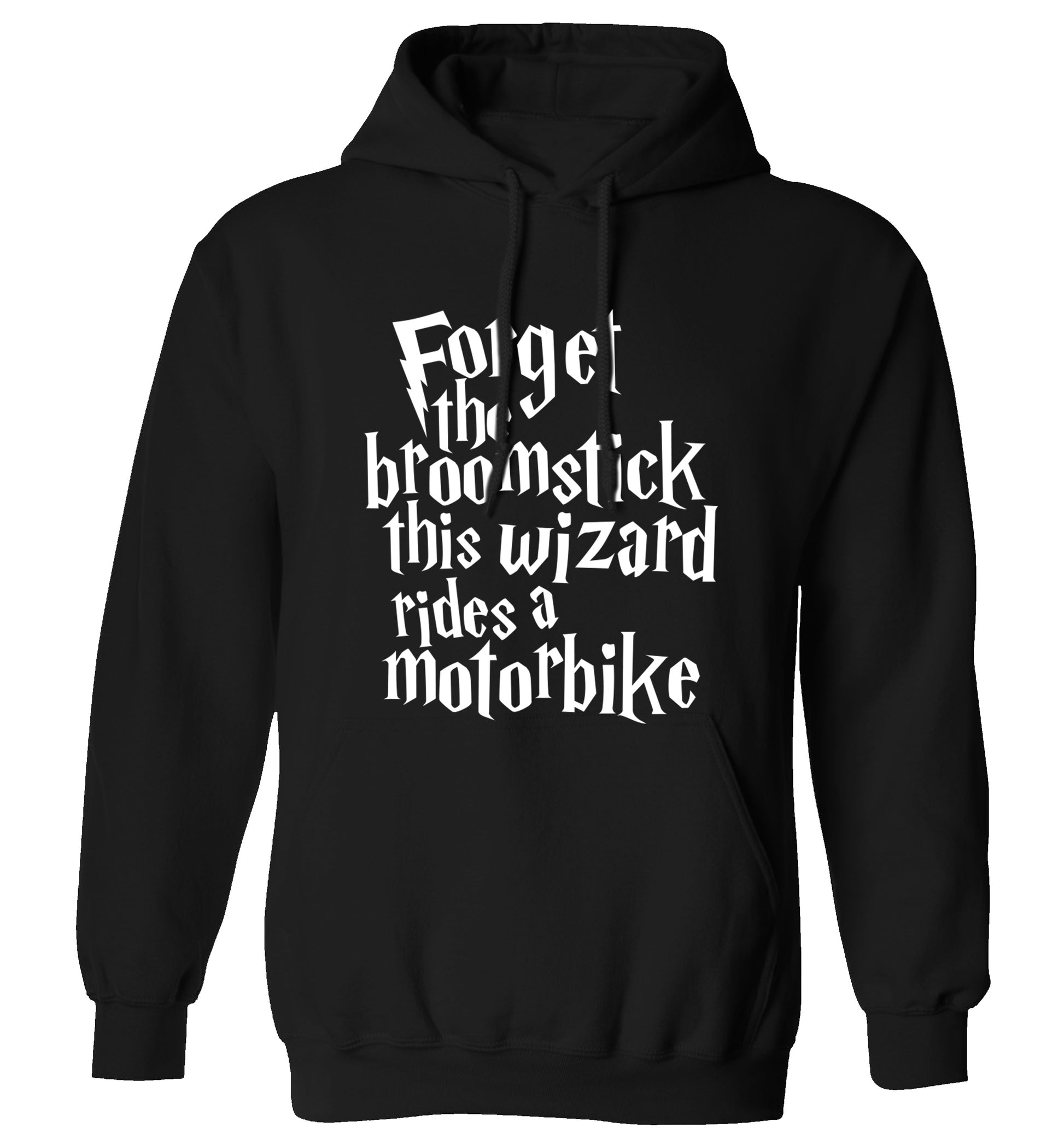 Forget the broomstick this wizard rides a motorbike adults unisexblack hoodie 2XL