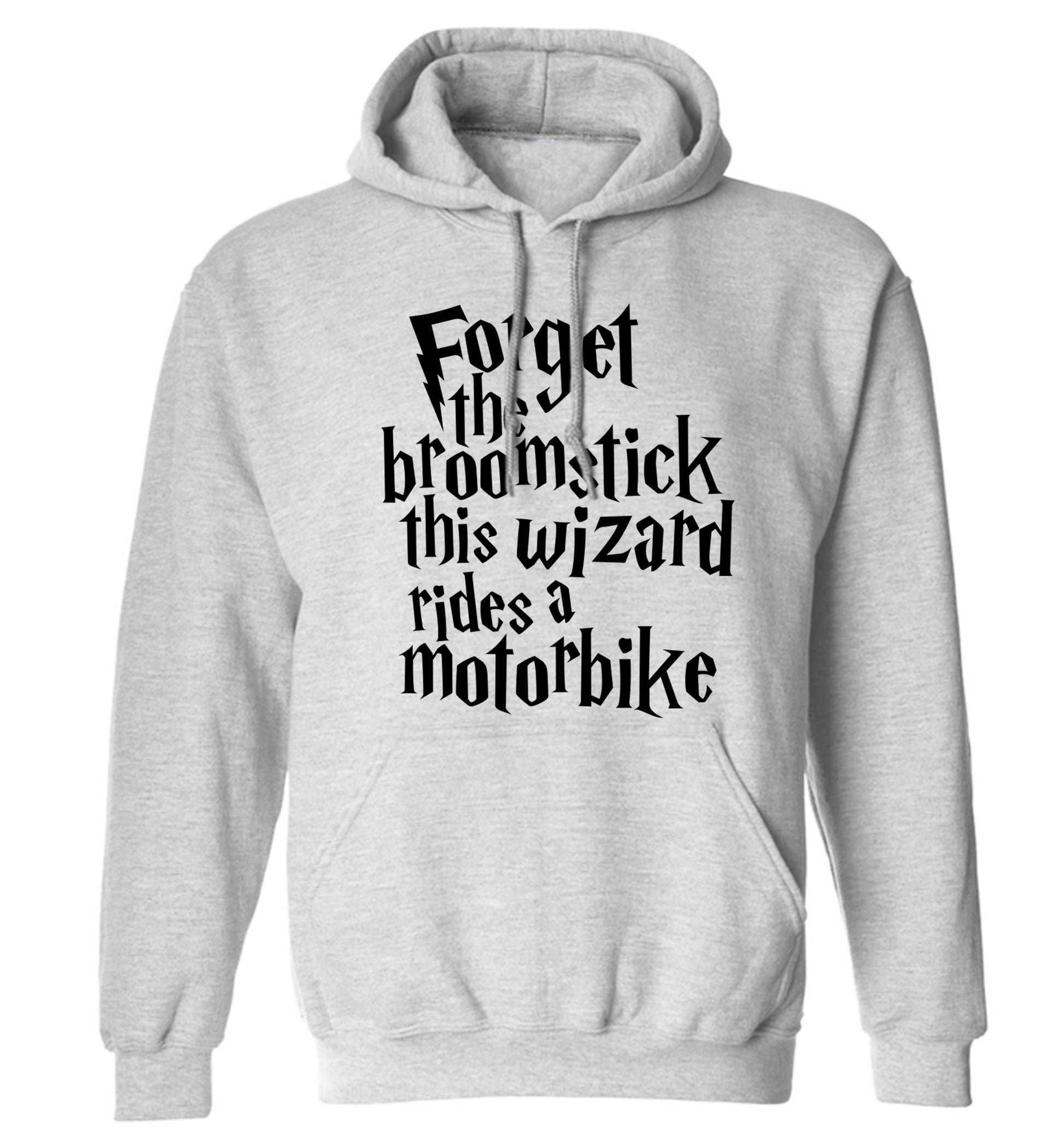 Forget the broomstick this wizard rides a motorbike adults unisexgrey hoodie 2XL