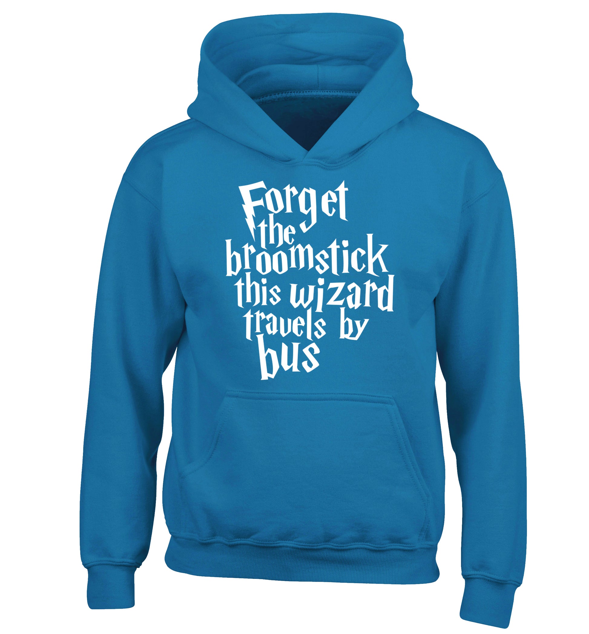 Forget the broomstick this wizard travels by bus children's blue hoodie 12-14 Years