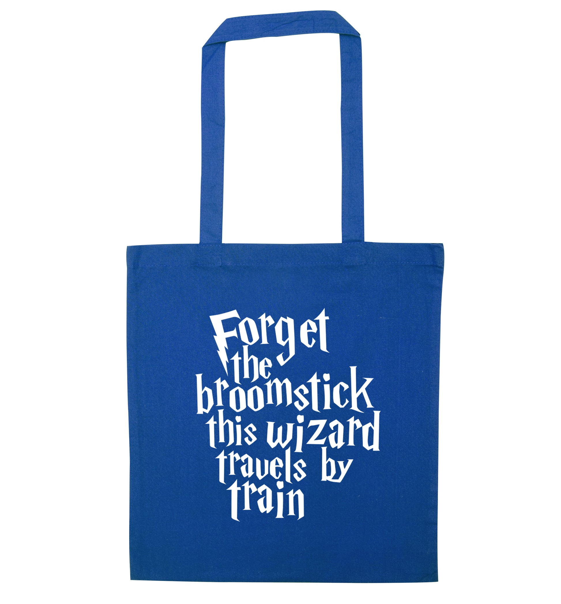 Forget the broomstick this wizard travels by train blue tote bag