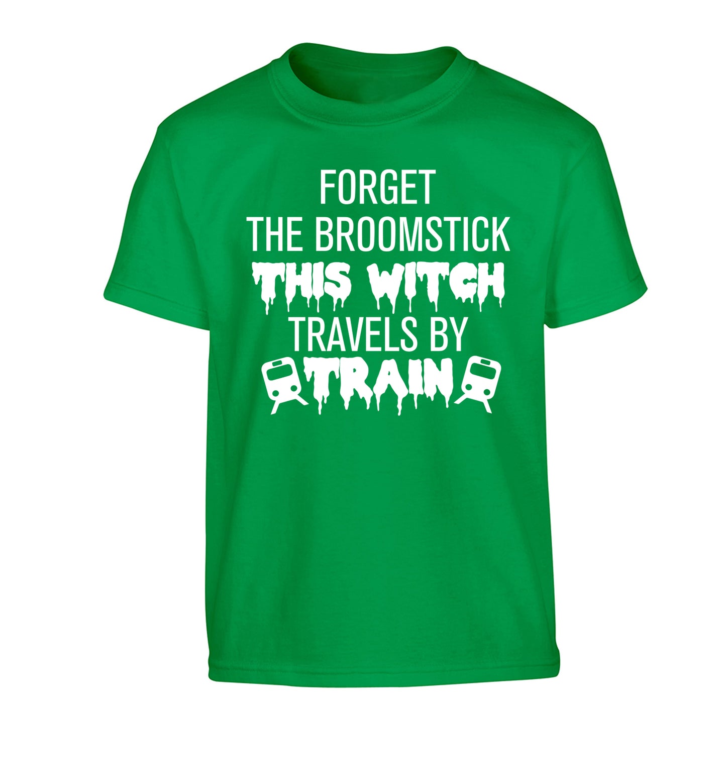 Forget the broomstick this witch travels by train Children's green Tshirt 12-14 Years