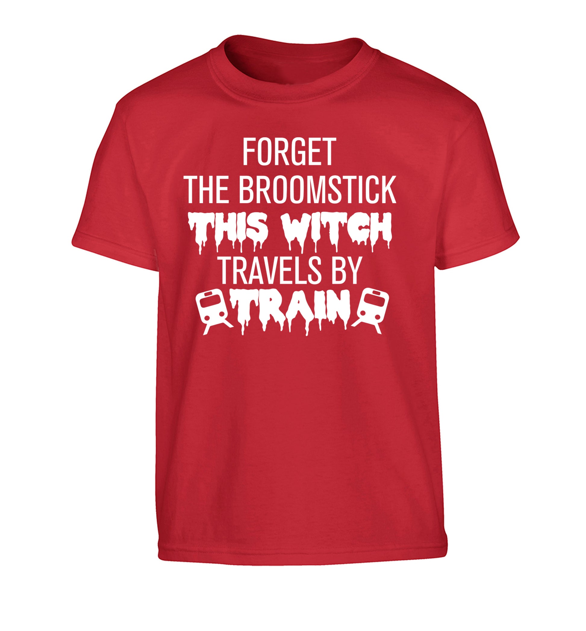 Forget the broomstick this witch travels by train Children's red Tshirt 12-14 Years