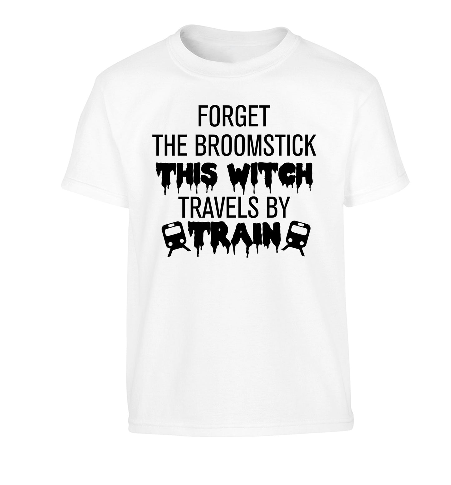 Forget the broomstick this witch travels by train Children's white Tshirt 12-14 Years