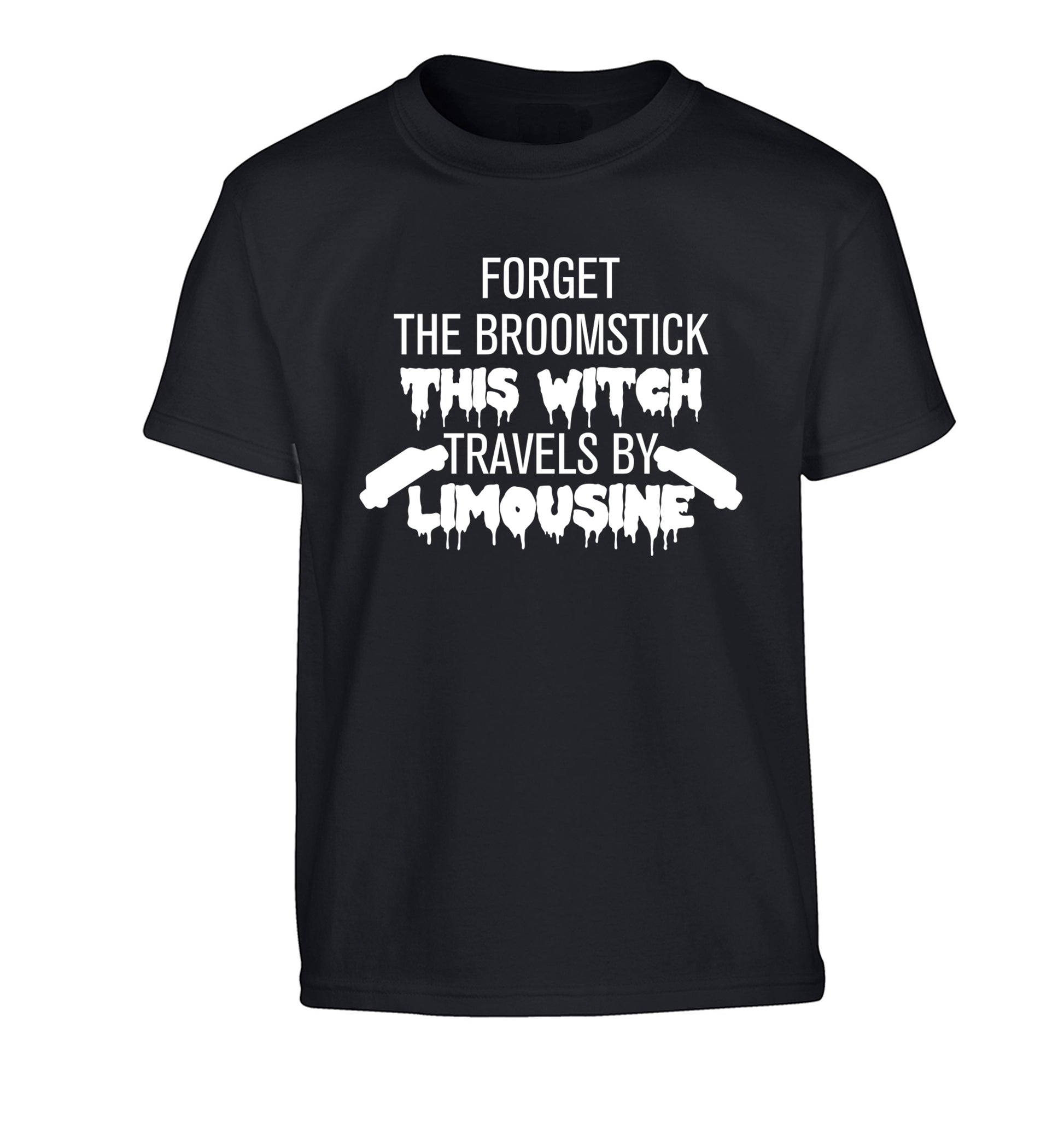 Forget the broomstick this witch travels by limousine Children's black Tshirt 12-14 Years