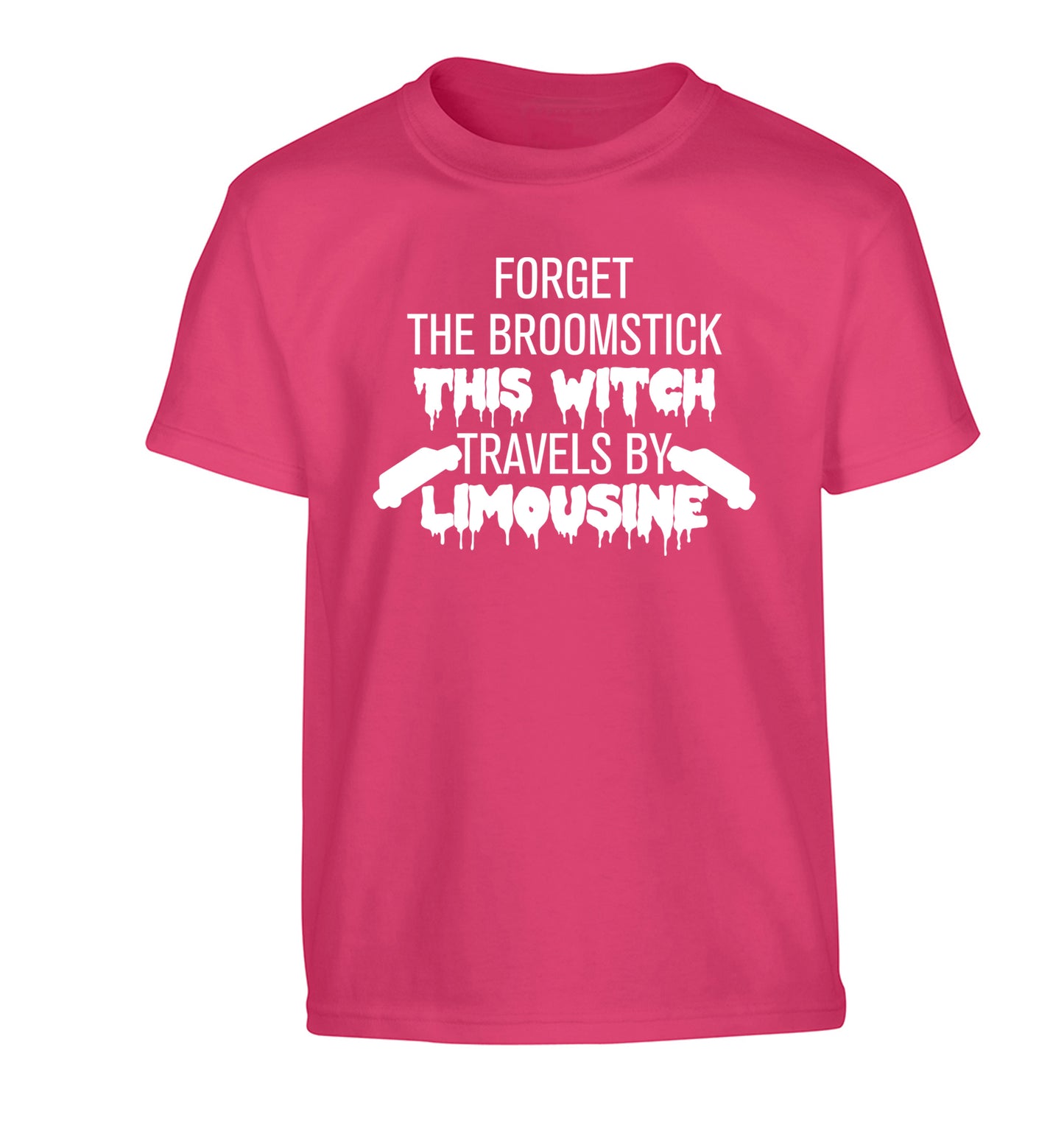 Forget the broomstick this witch travels by limousine Children's pink Tshirt 12-14 Years