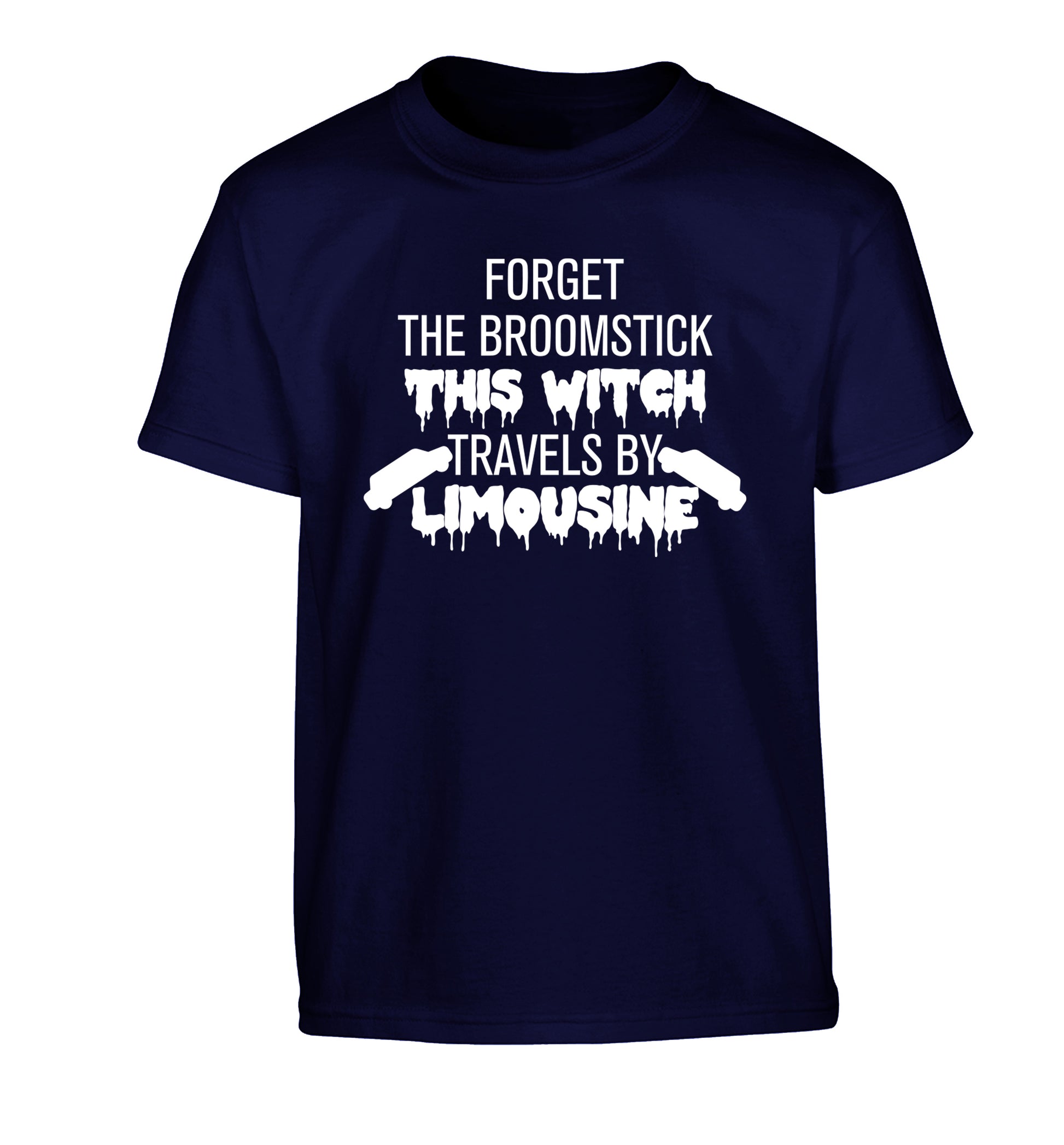 Forget the broomstick this witch travels by limousine Children's navy Tshirt 12-14 Years