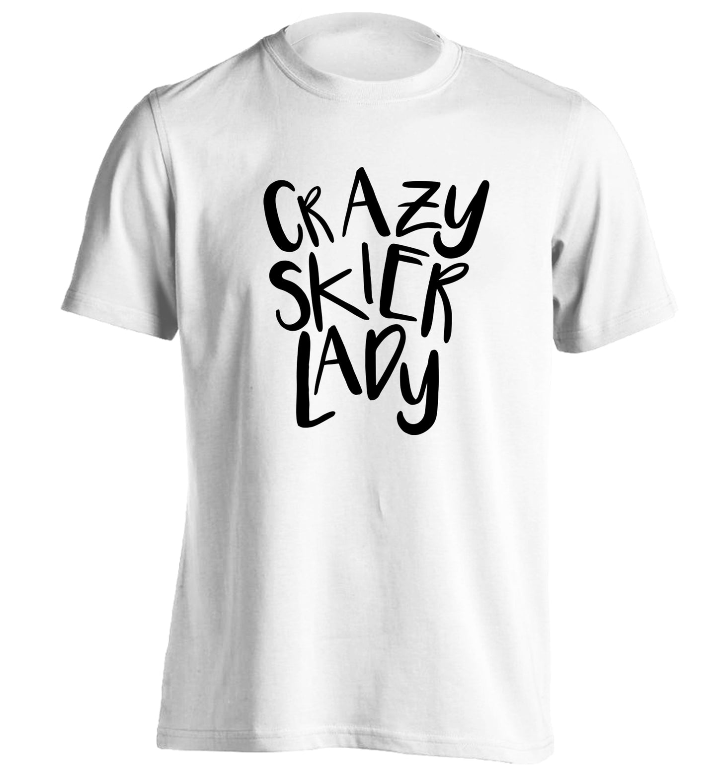 Crazy skier lady adults unisexwhite Tshirt 2XL