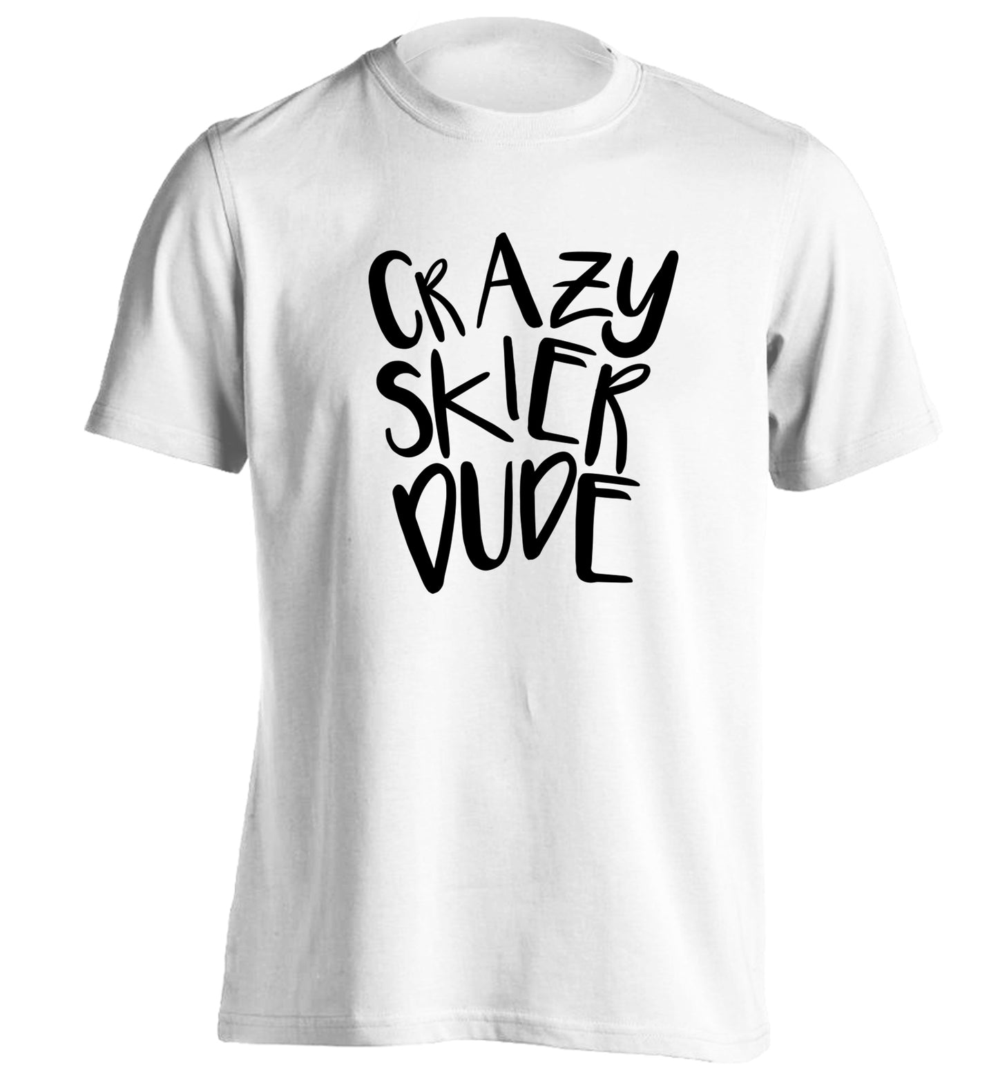 Crazy skier dude adults unisexwhite Tshirt 2XL