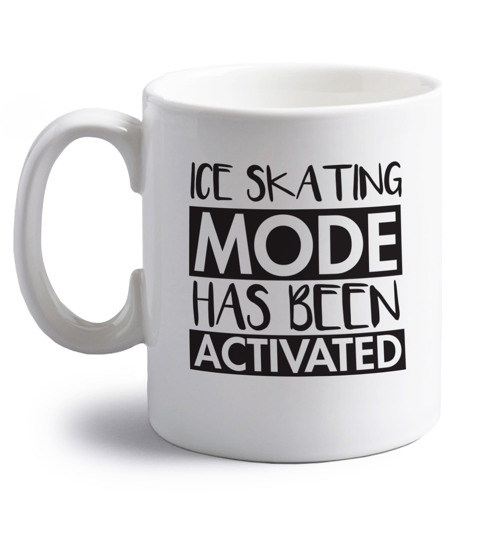 Ice skating mode activated right handed white ceramic mug 