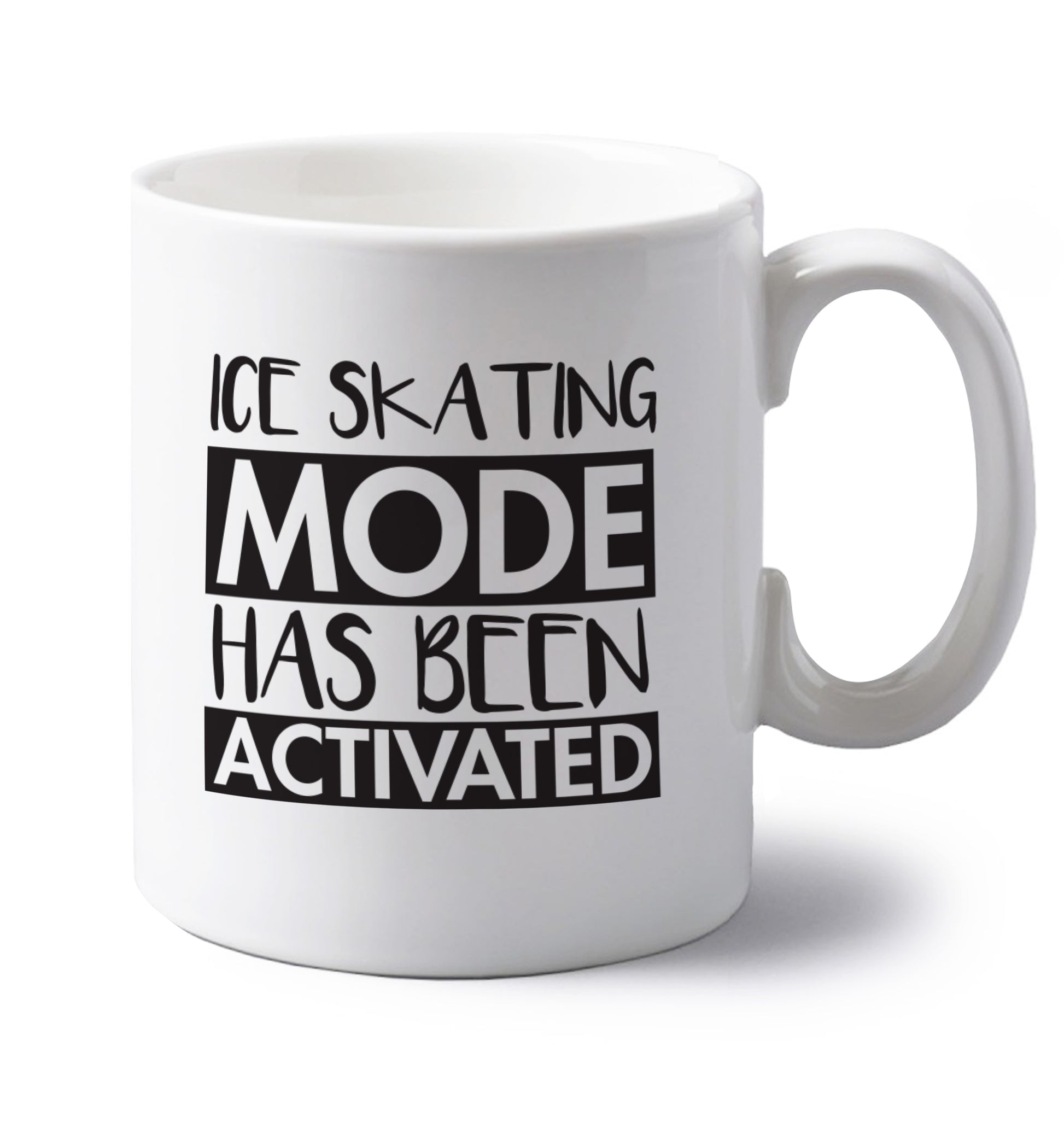 Ice skating mode activated left handed white ceramic mug 