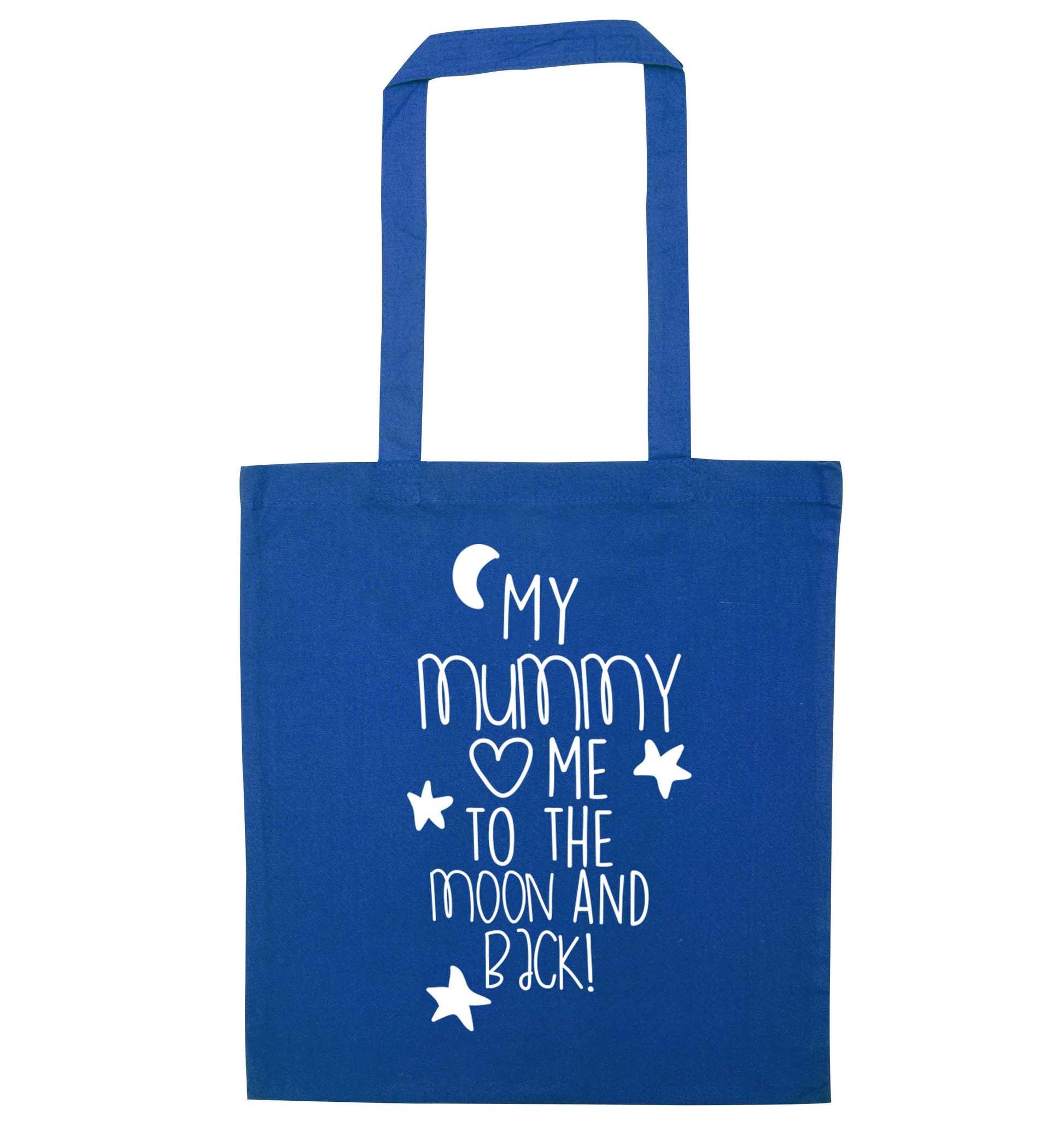 My mum loves me to the moon and back blue tote bag