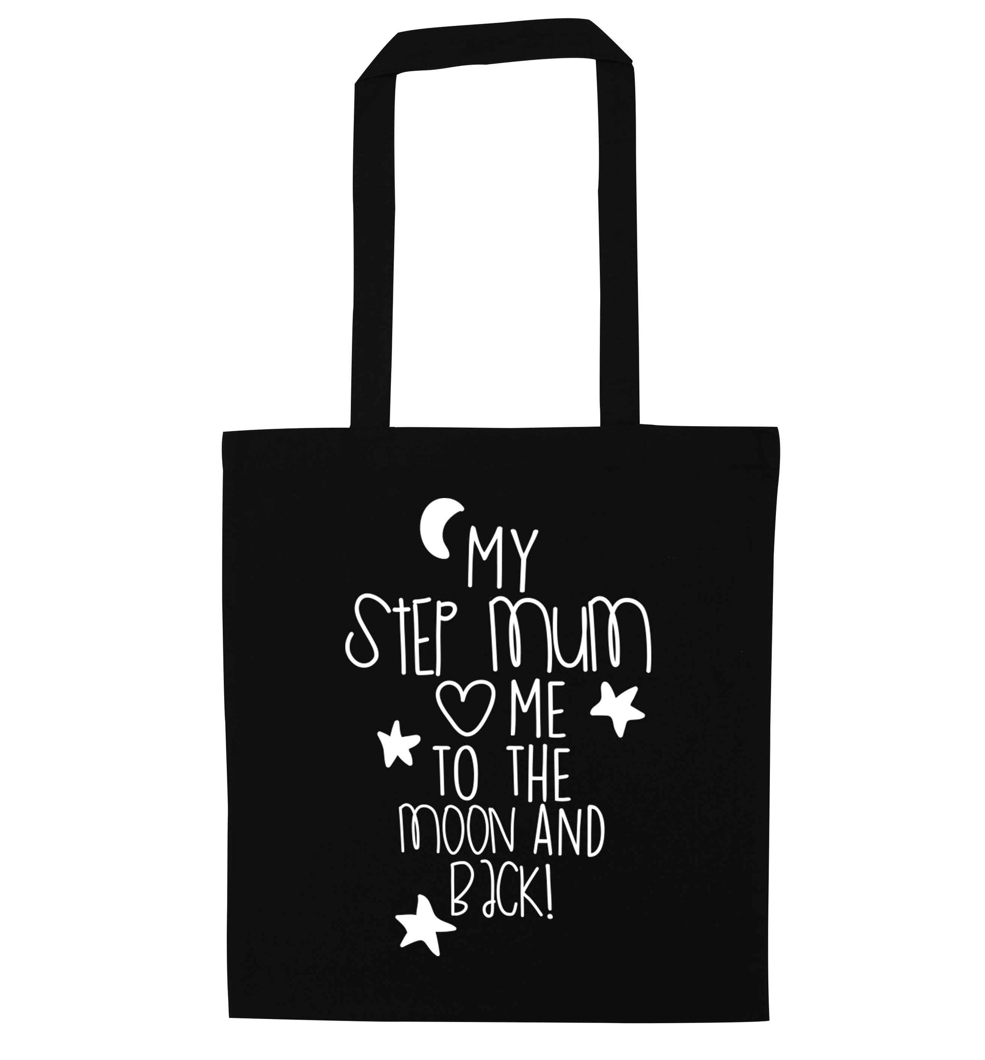 My step-mum loves me to the moon and back black tote bag