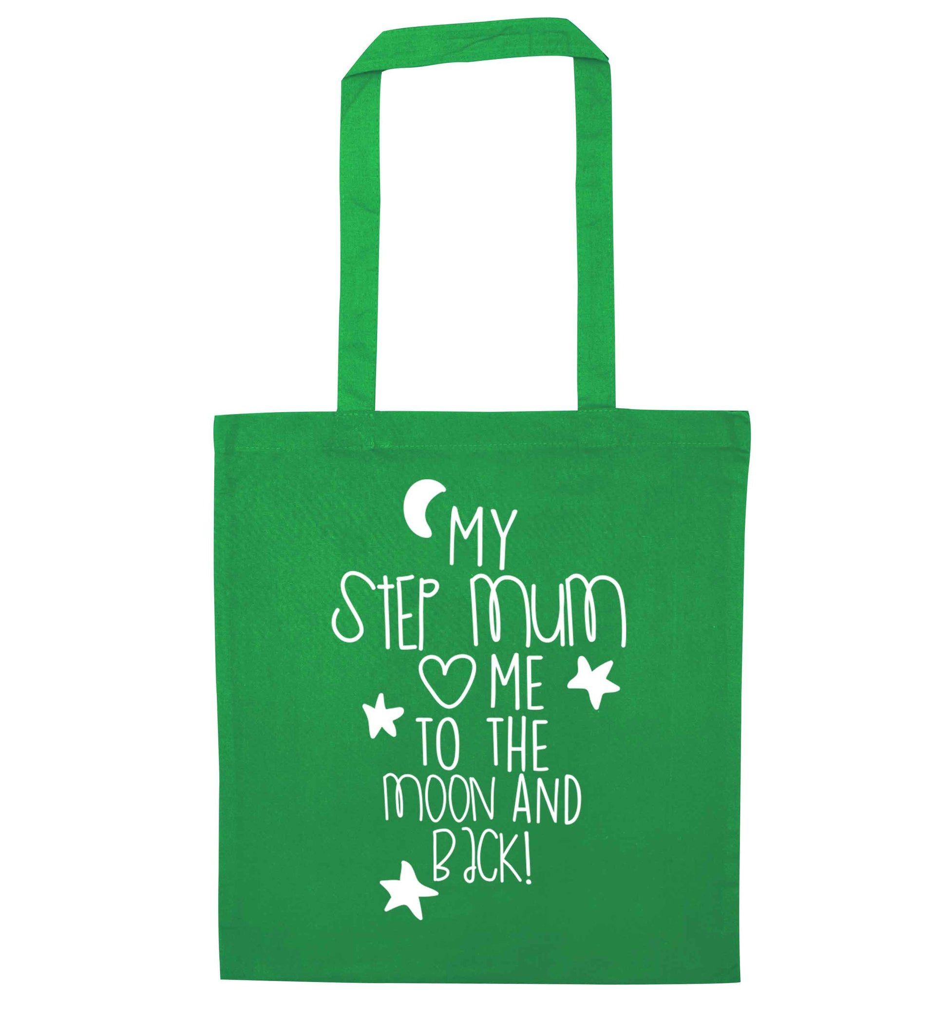 My step-mum loves me to the moon and back green tote bag