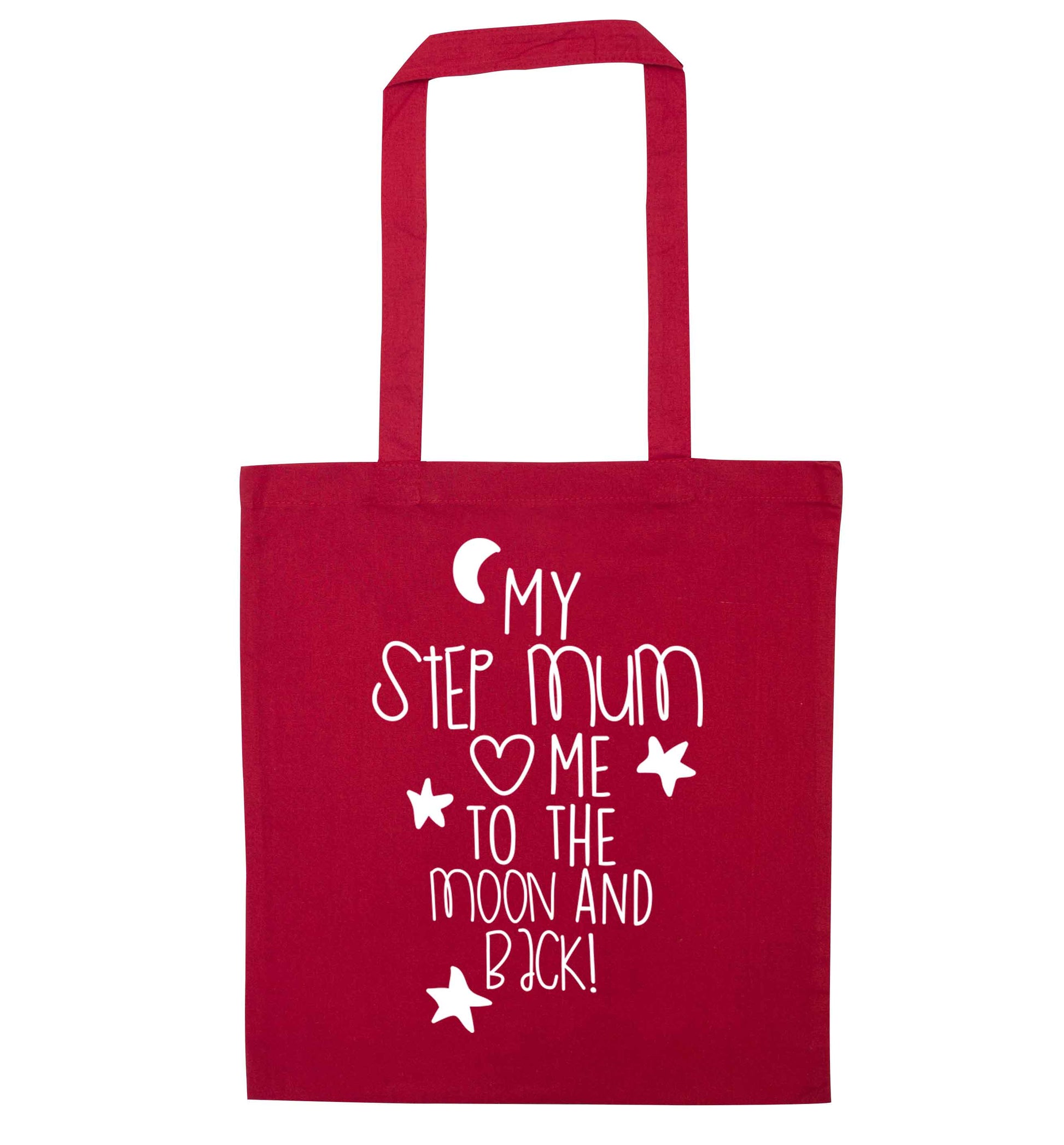 My step-mum loves me to the moon and back red tote bag