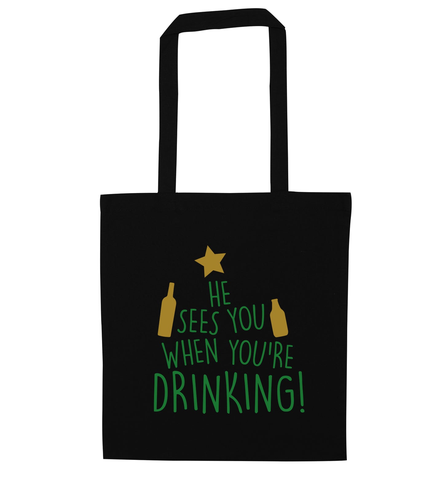 He sees you when you're drinking black tote bag