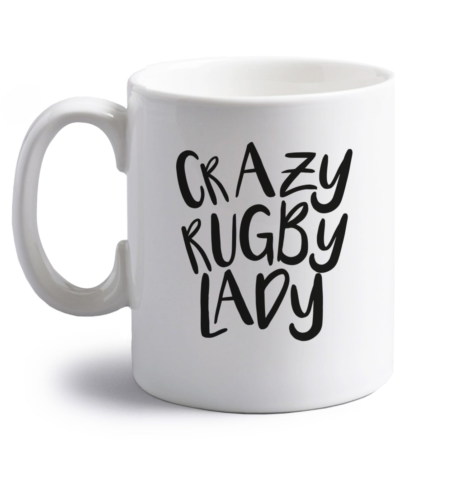 Crazy rugby lady right handed white ceramic mug 